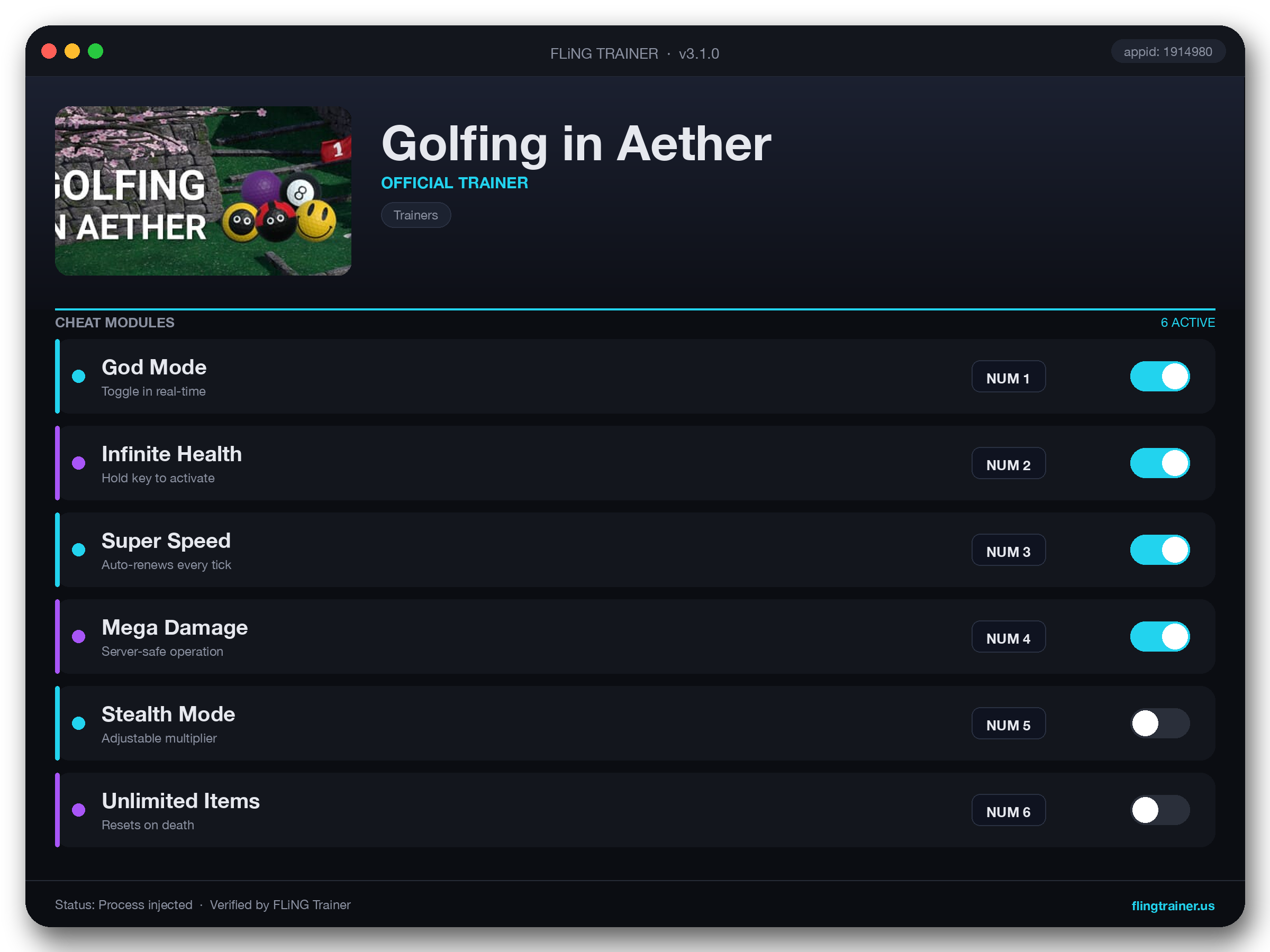 Golfing in Aether Trainer interface