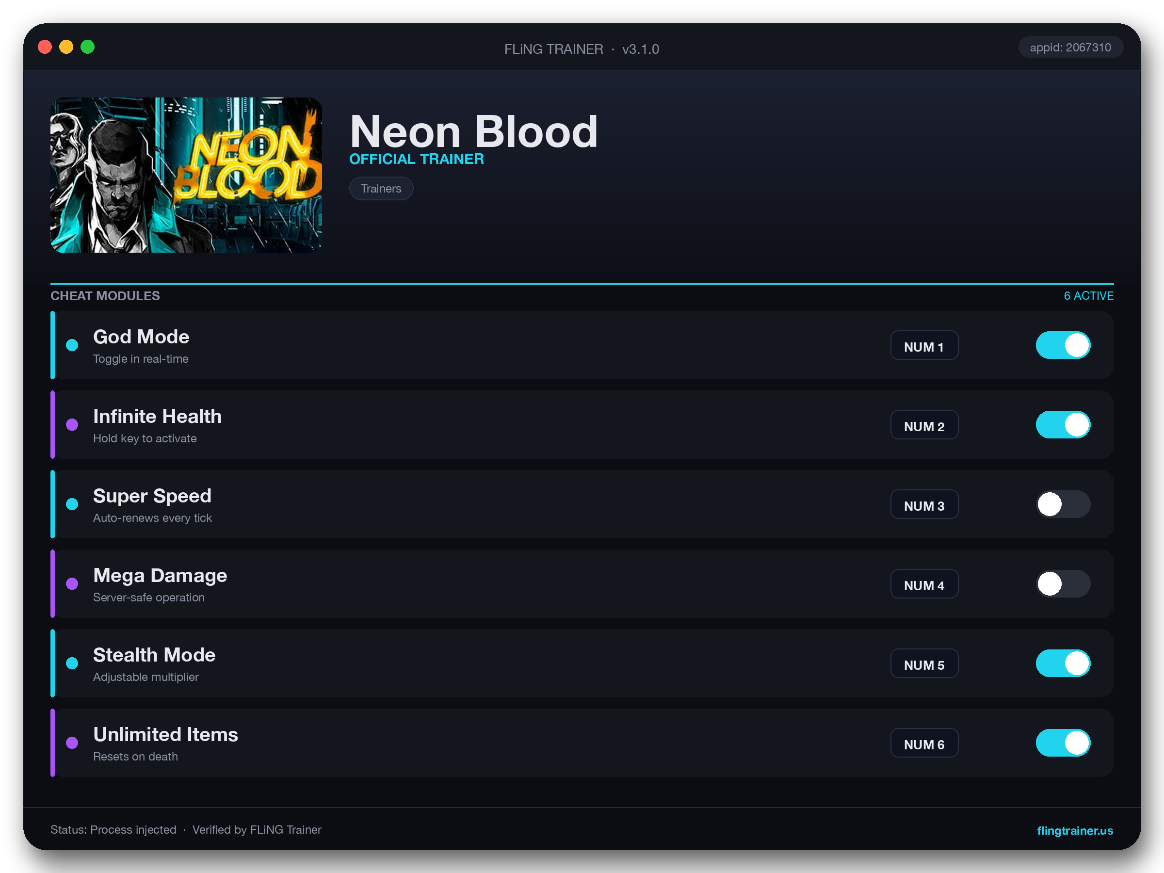Neon Blood Trainer interface