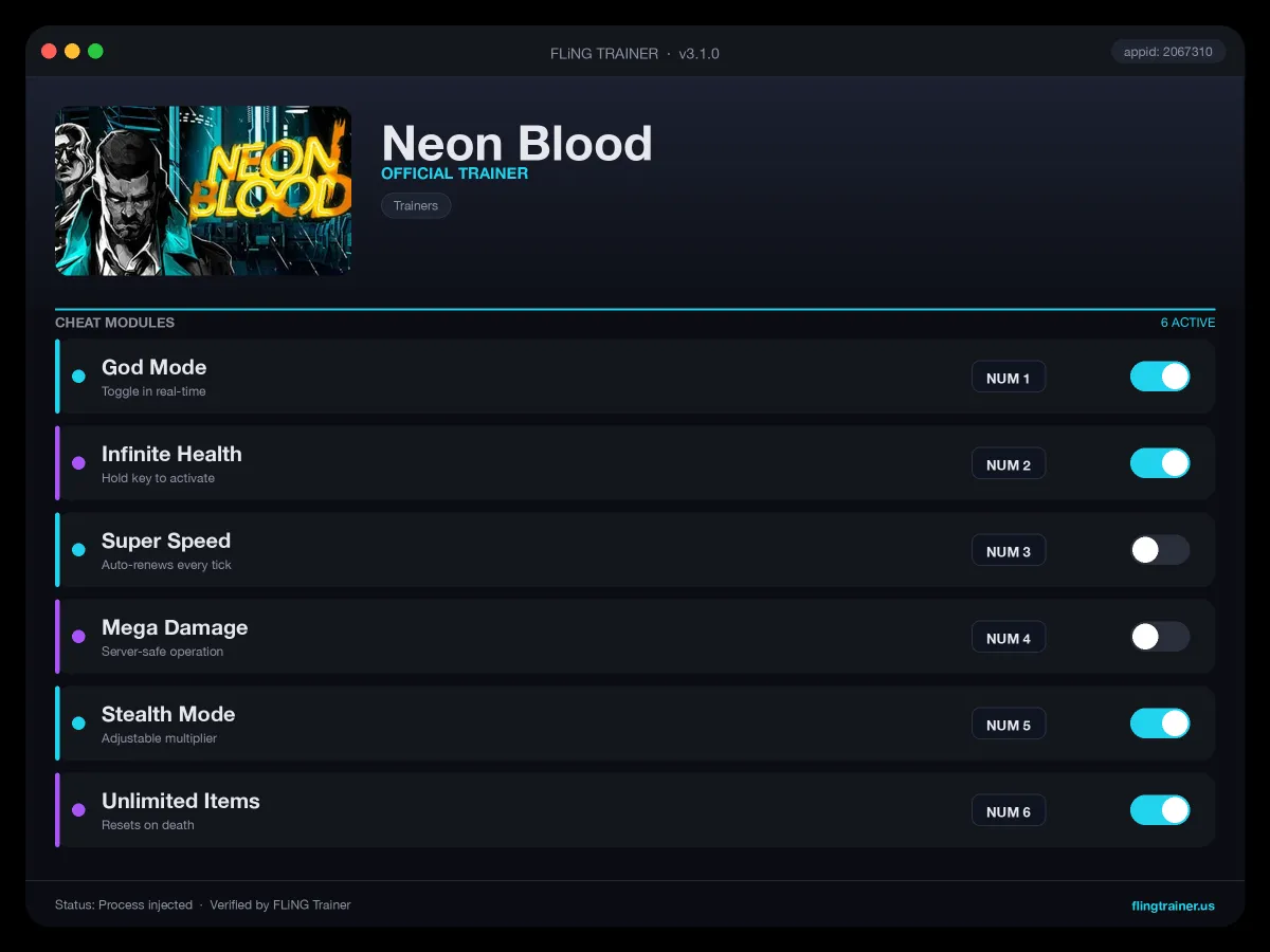 Neon Blood Trainer interface