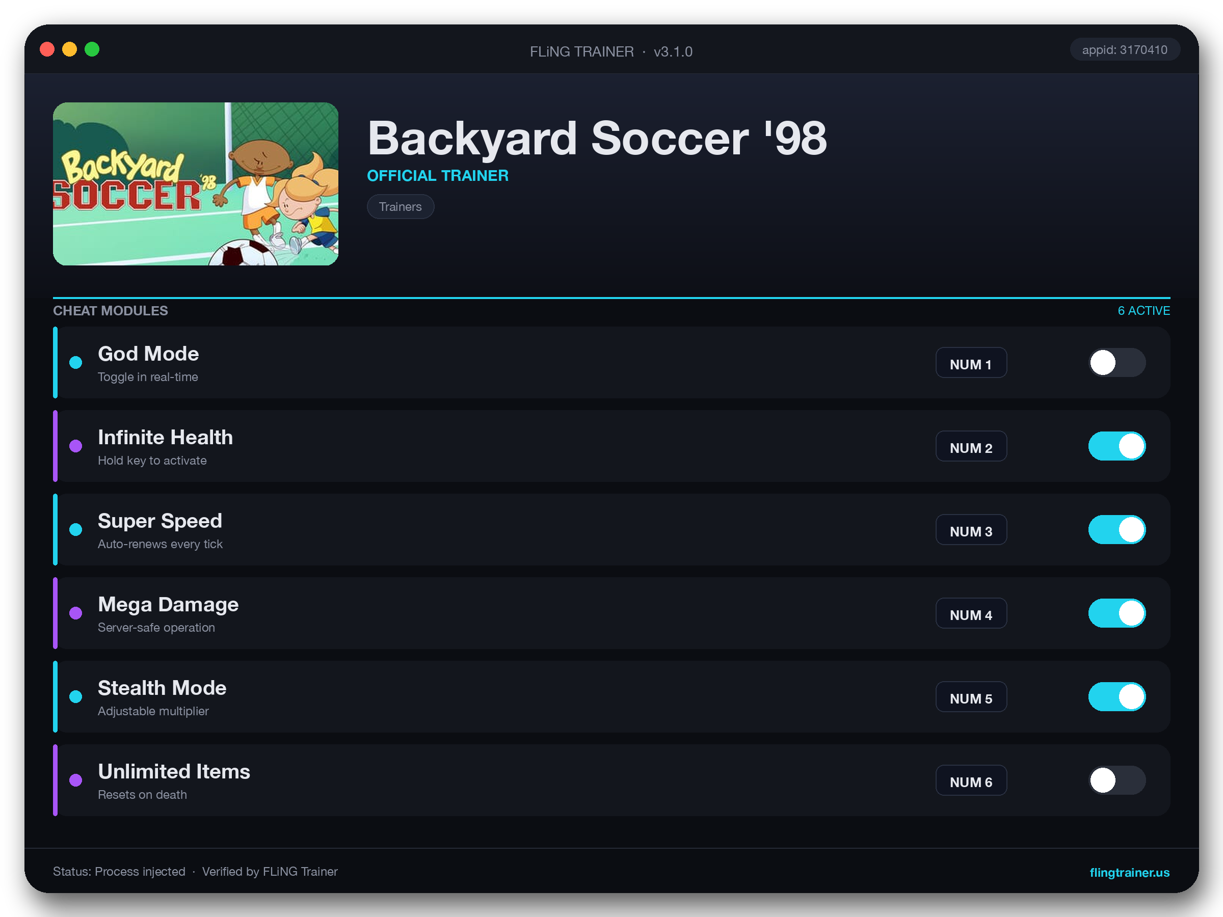 Backyard Soccer '98 Trainer interface