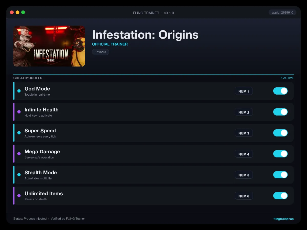 Infestation: Origins Trainer interface