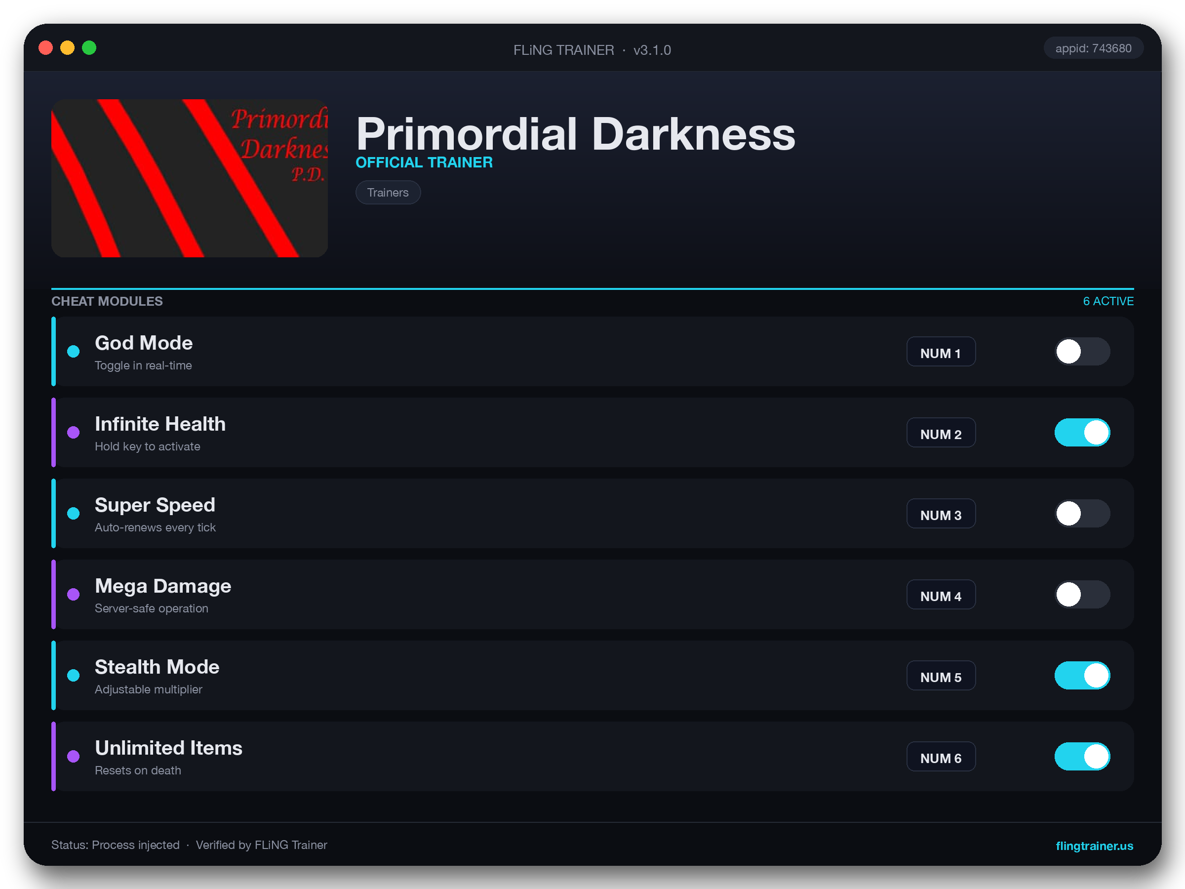 Primordial Darkness Trainer interface