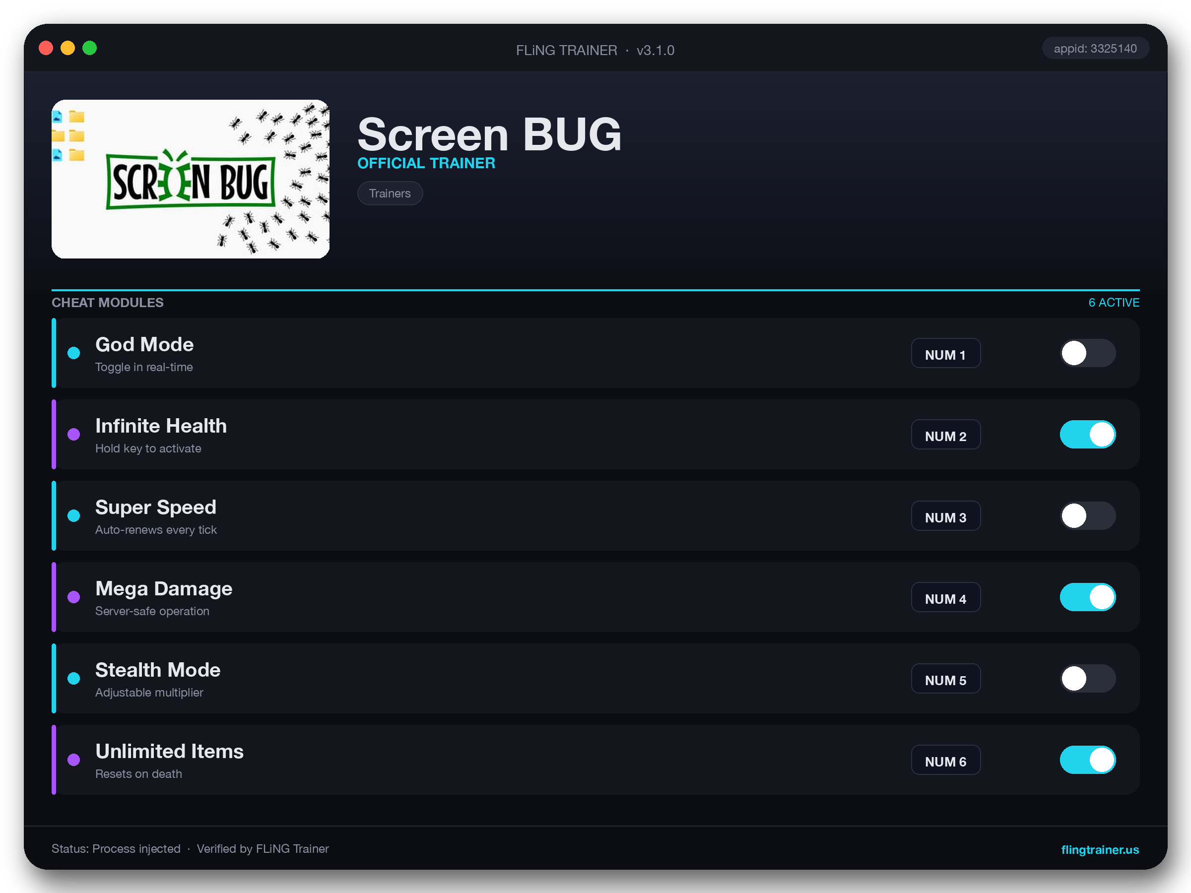 Screen BUG Trainer interface