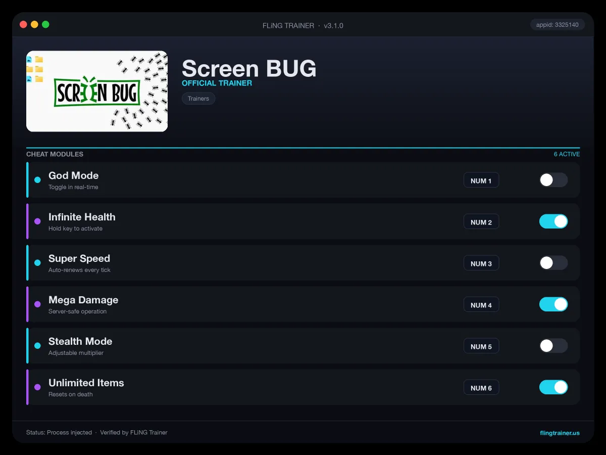 Screen BUG Trainer interface