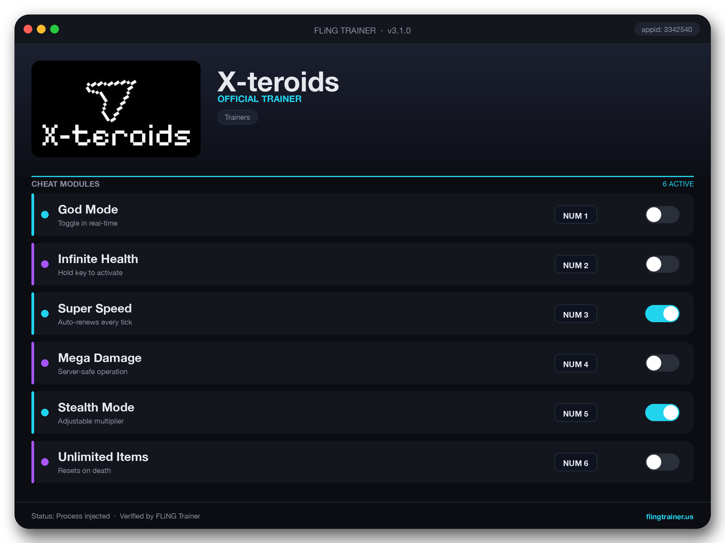 X-teroids Trainer interface