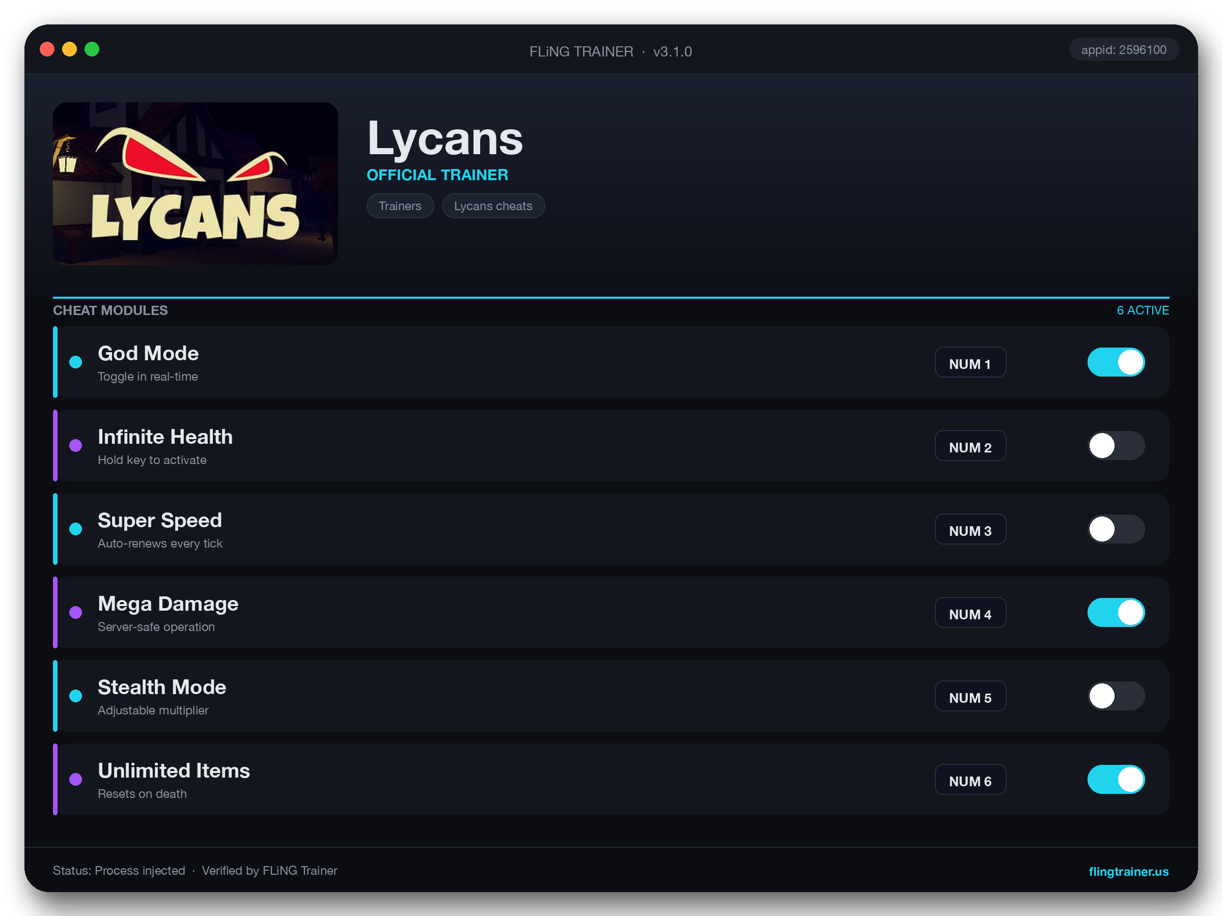 Lycans Trainer interface