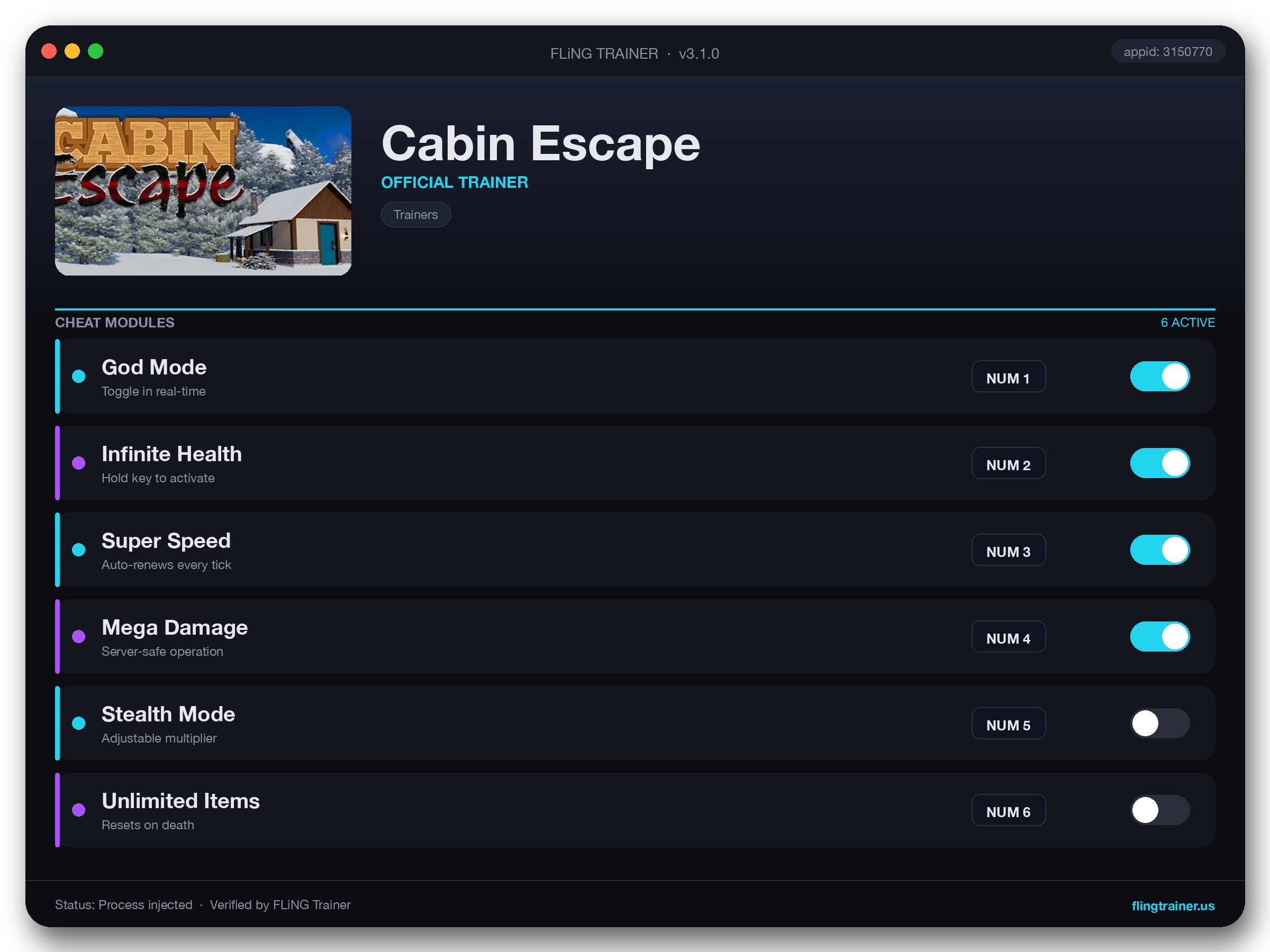 Cabin Escape Trainer interface