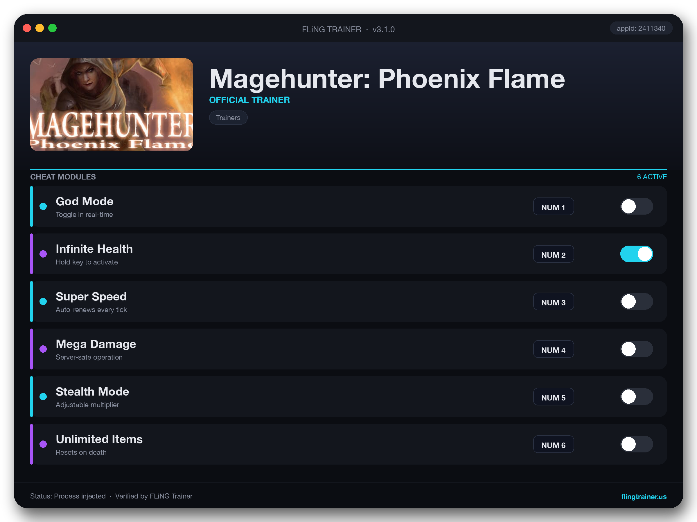 Magehunter: Phoenix Flame Trainer interface