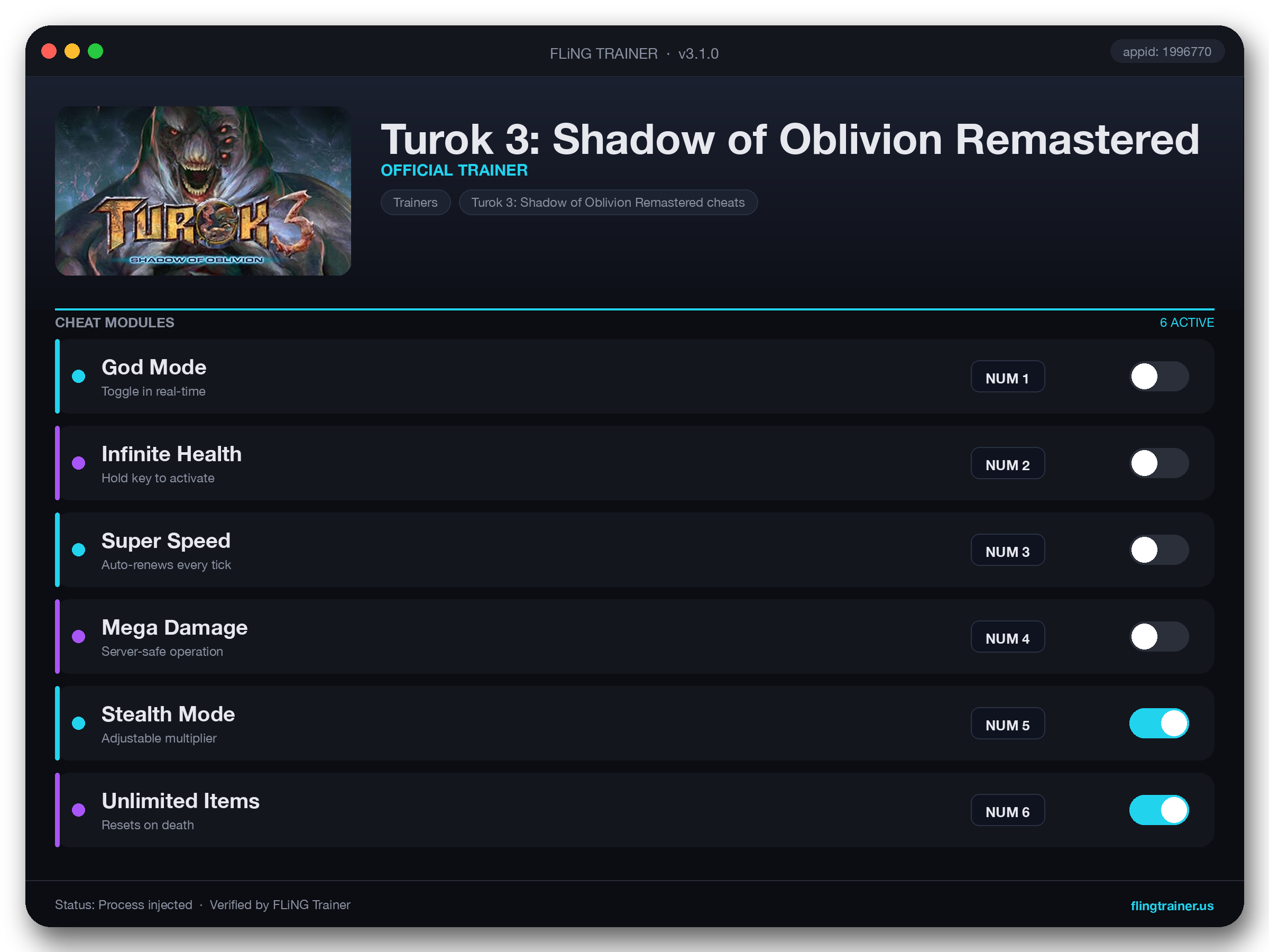 Turok 3: Shadow of Oblivion Remastered Trainer interface