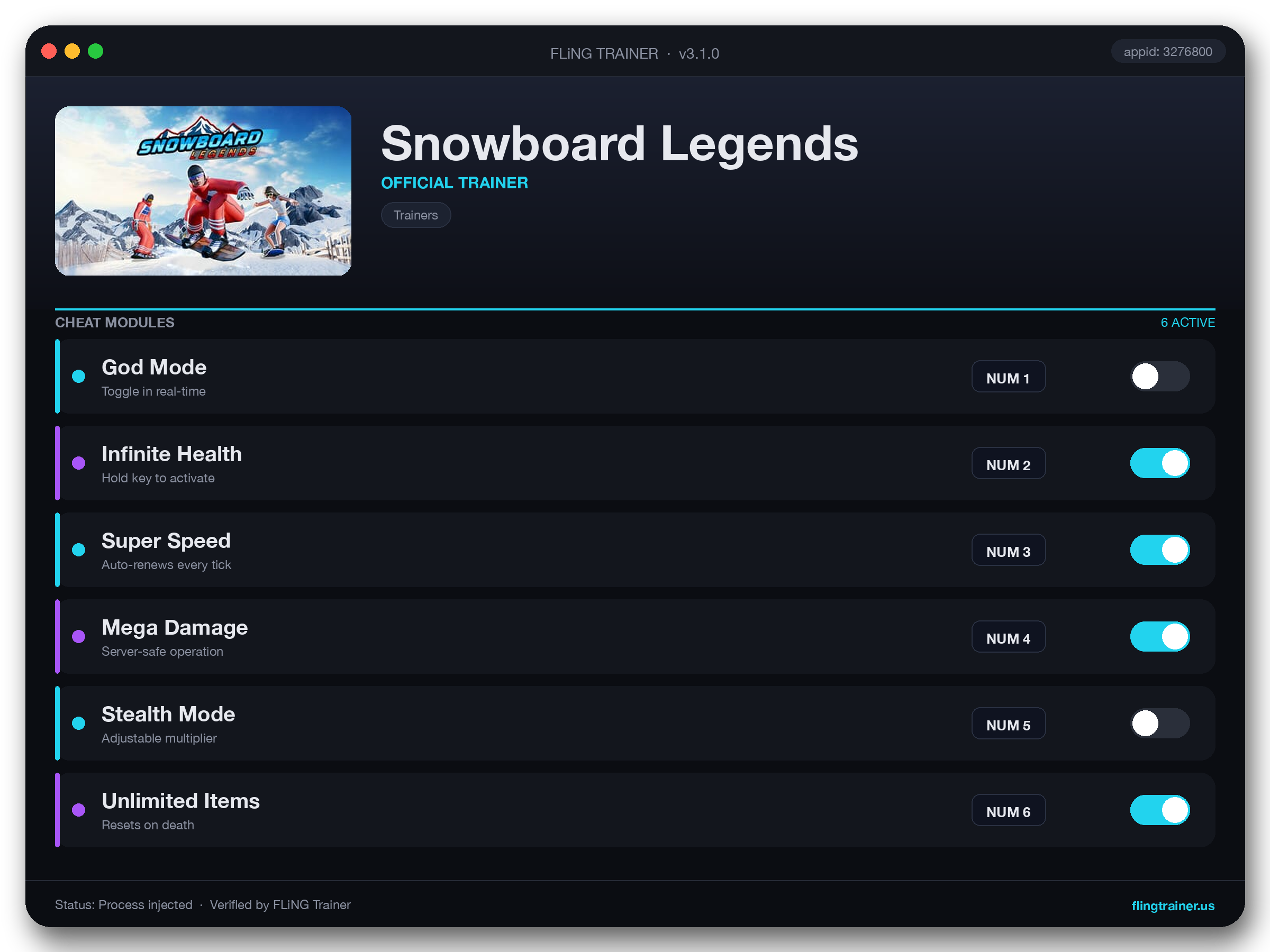 Snowboard Legends Trainer interface