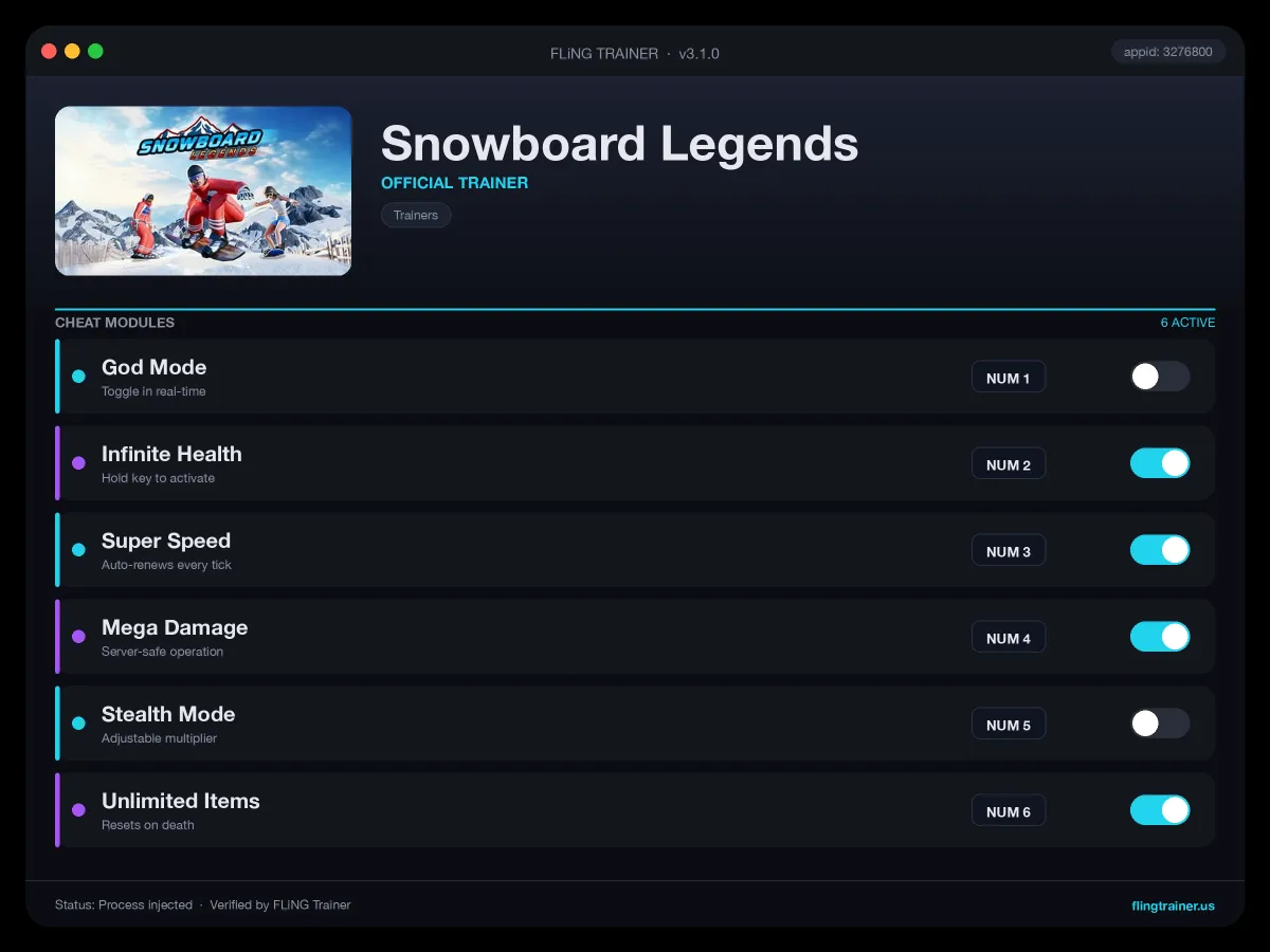 Snowboard Legends Trainer interface
