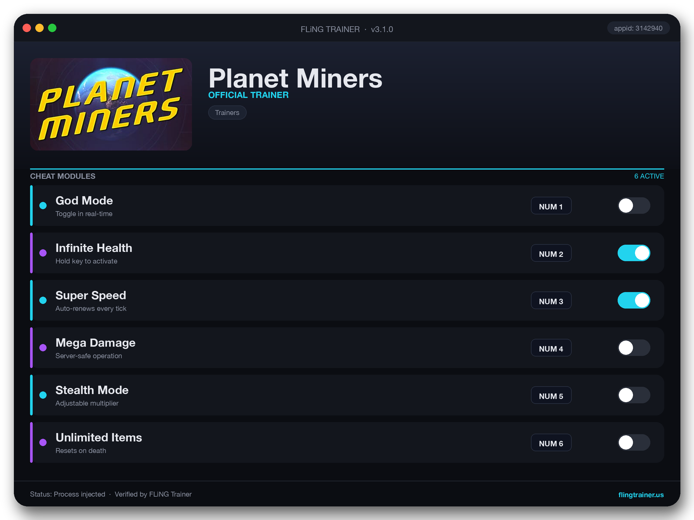 Planet Miners Trainer interface