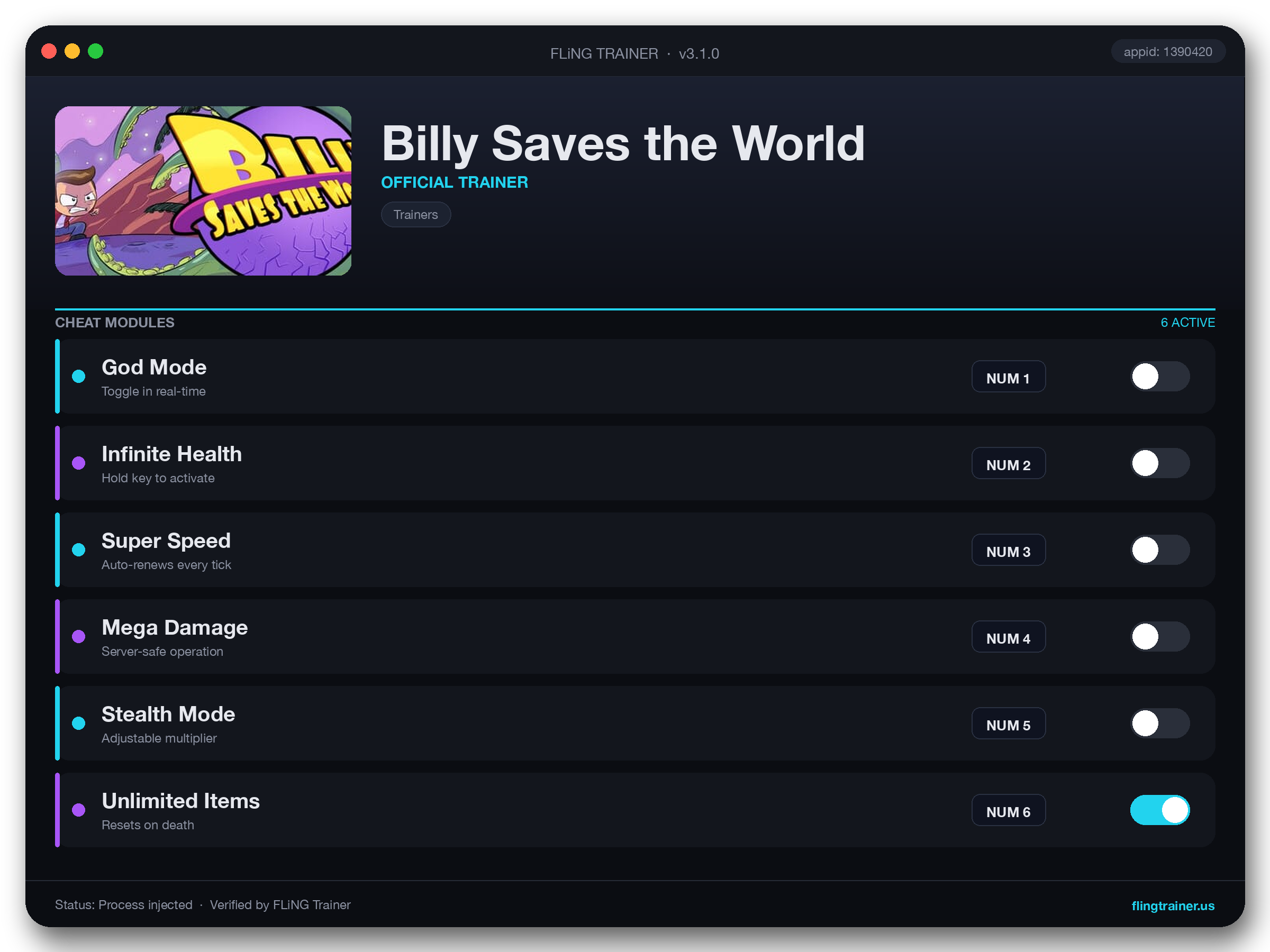 Billy Saves the World Trainer interface