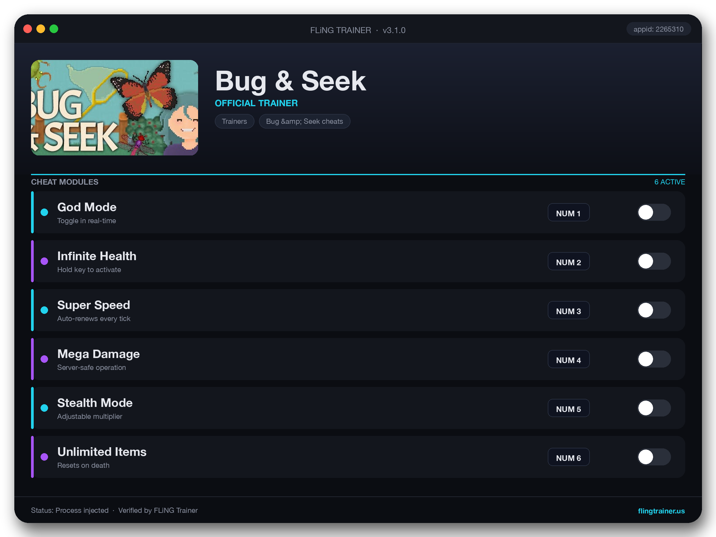 Bug & Seek Trainer interface