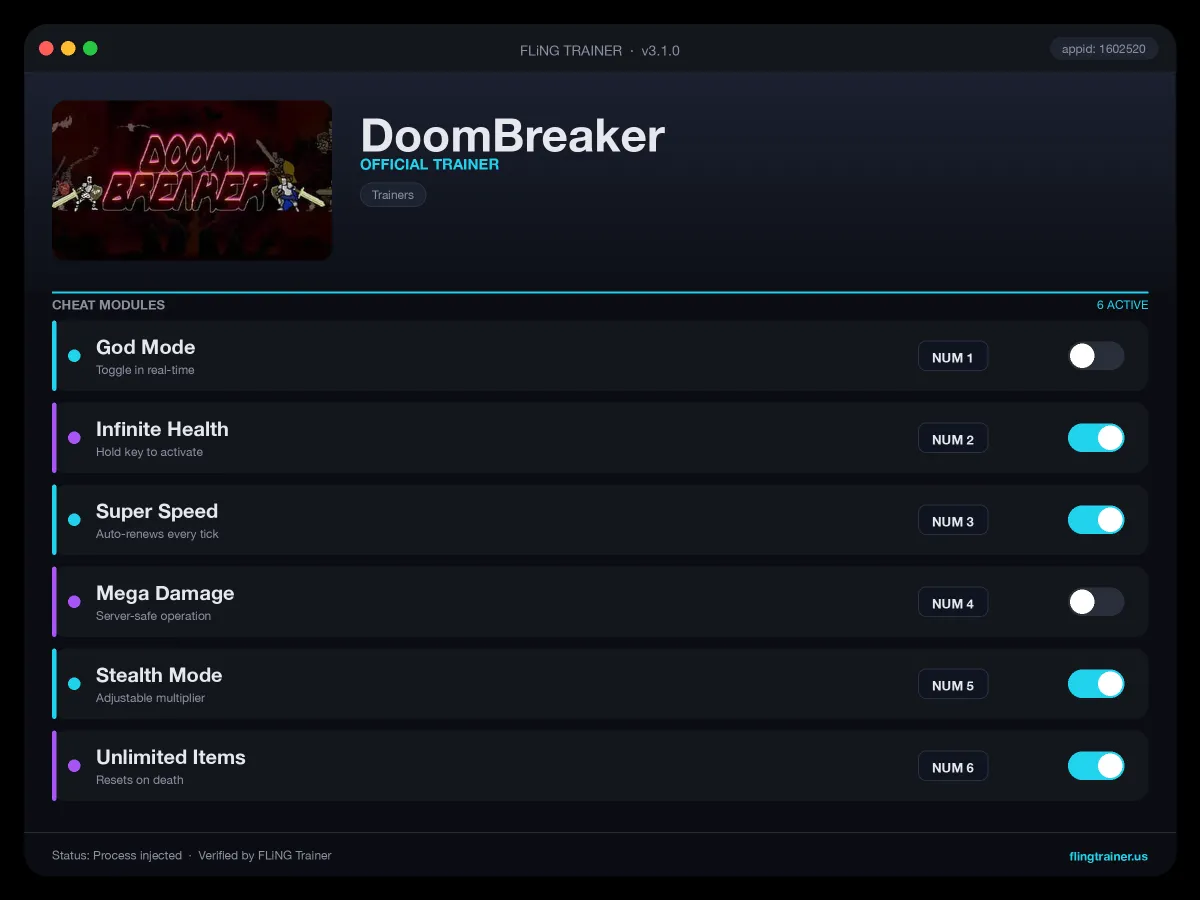 DoomBreaker Trainer interface