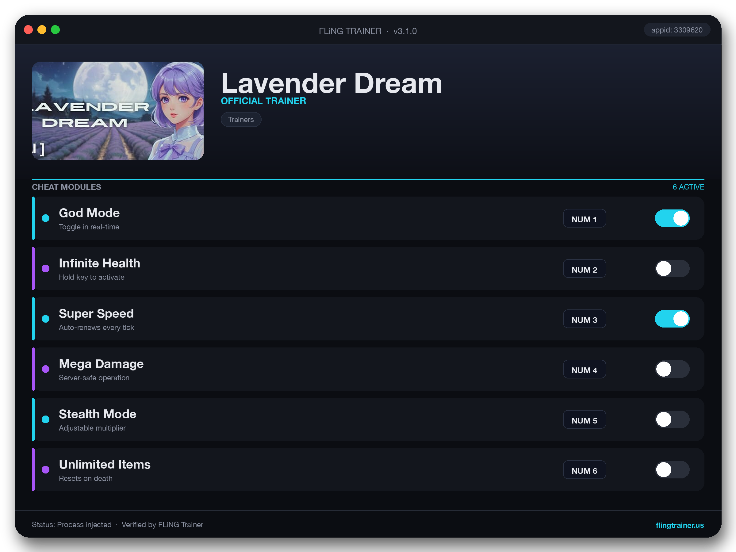 Lavender Dream Trainer interface