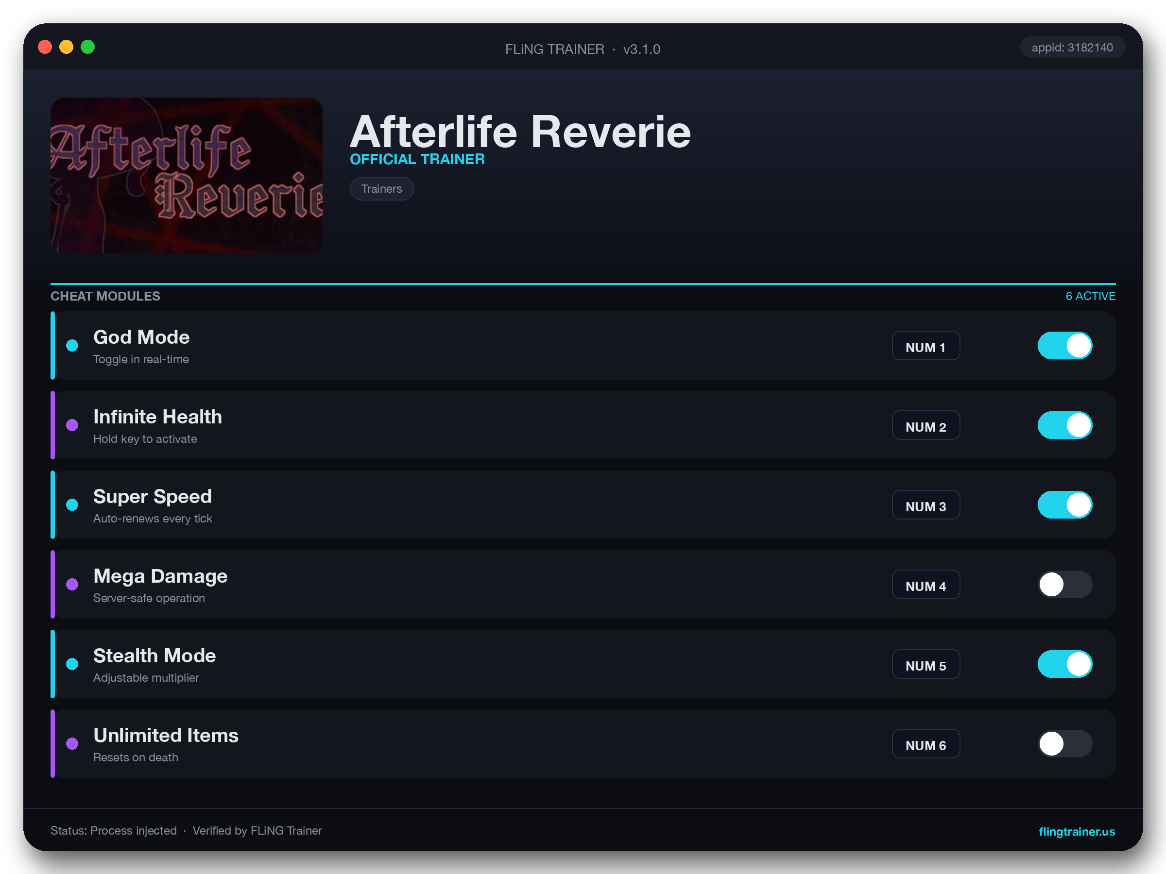 Afterlife Reverie Trainer interface