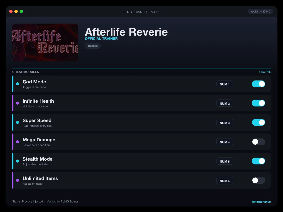 Afterlife Reverie Trainer interface