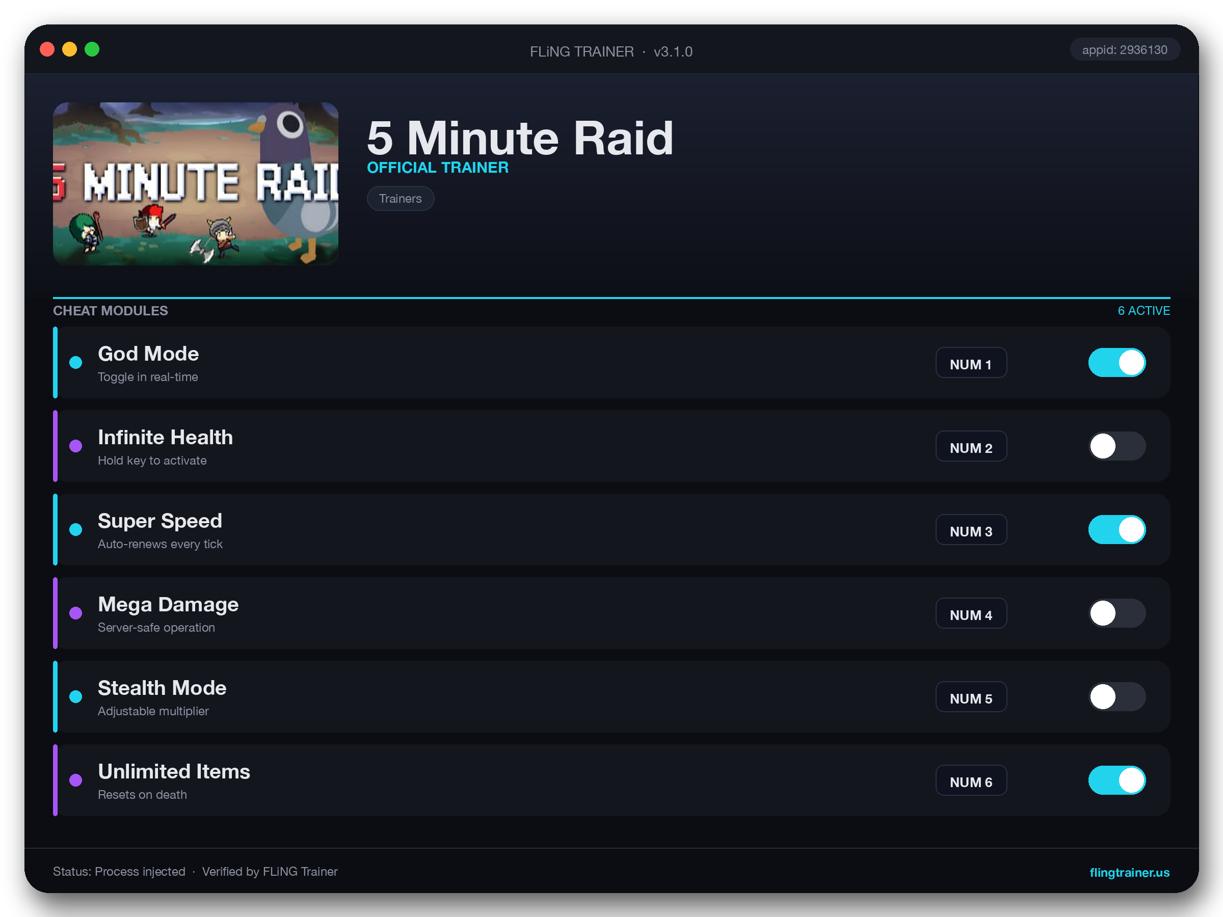 5 Minute Raid Trainer interface