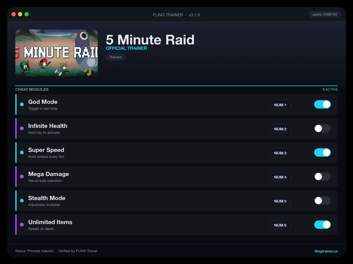 5 Minute Raid Trainer interface