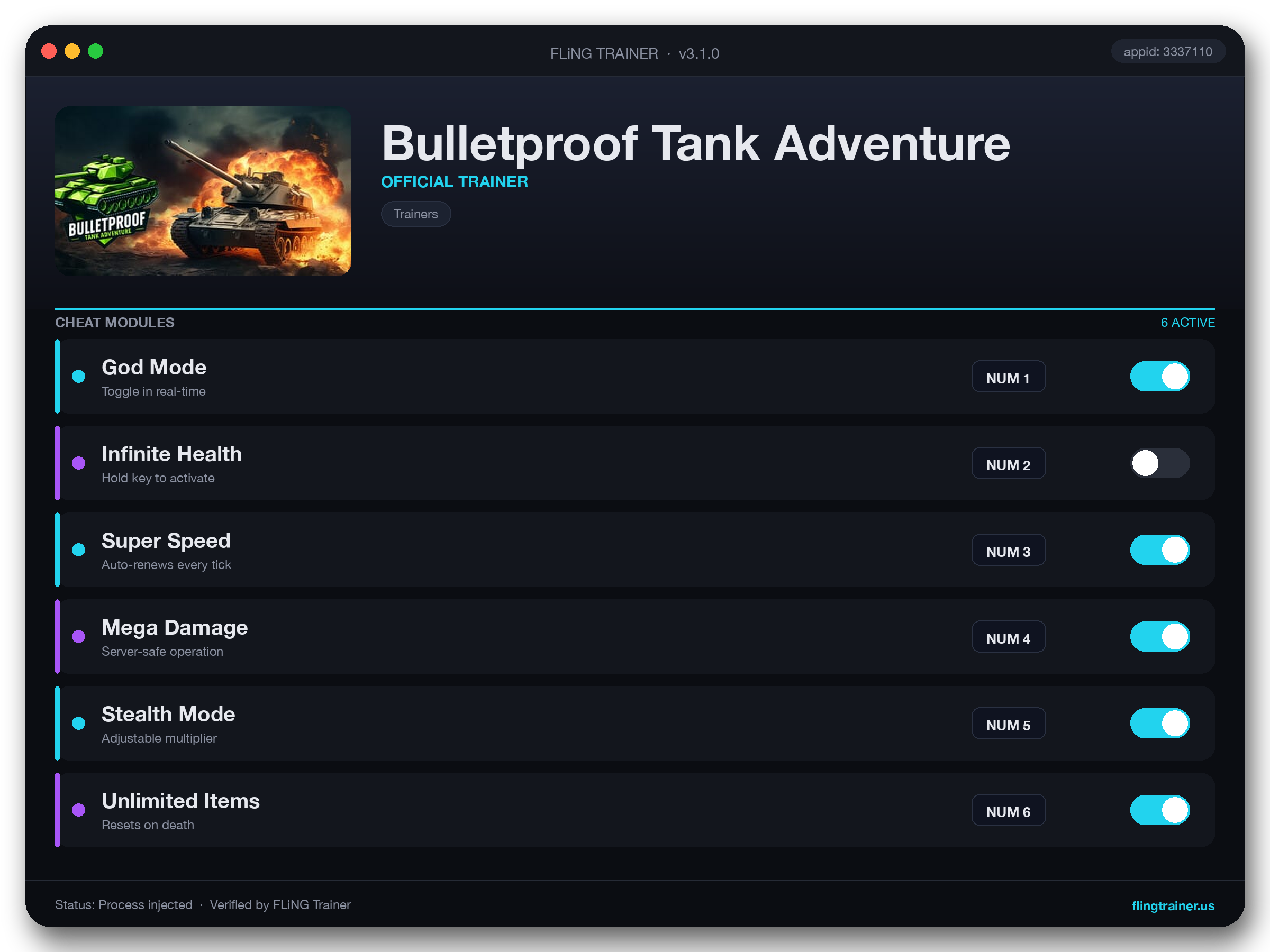 Bulletproof Tank Adventure Trainer interface