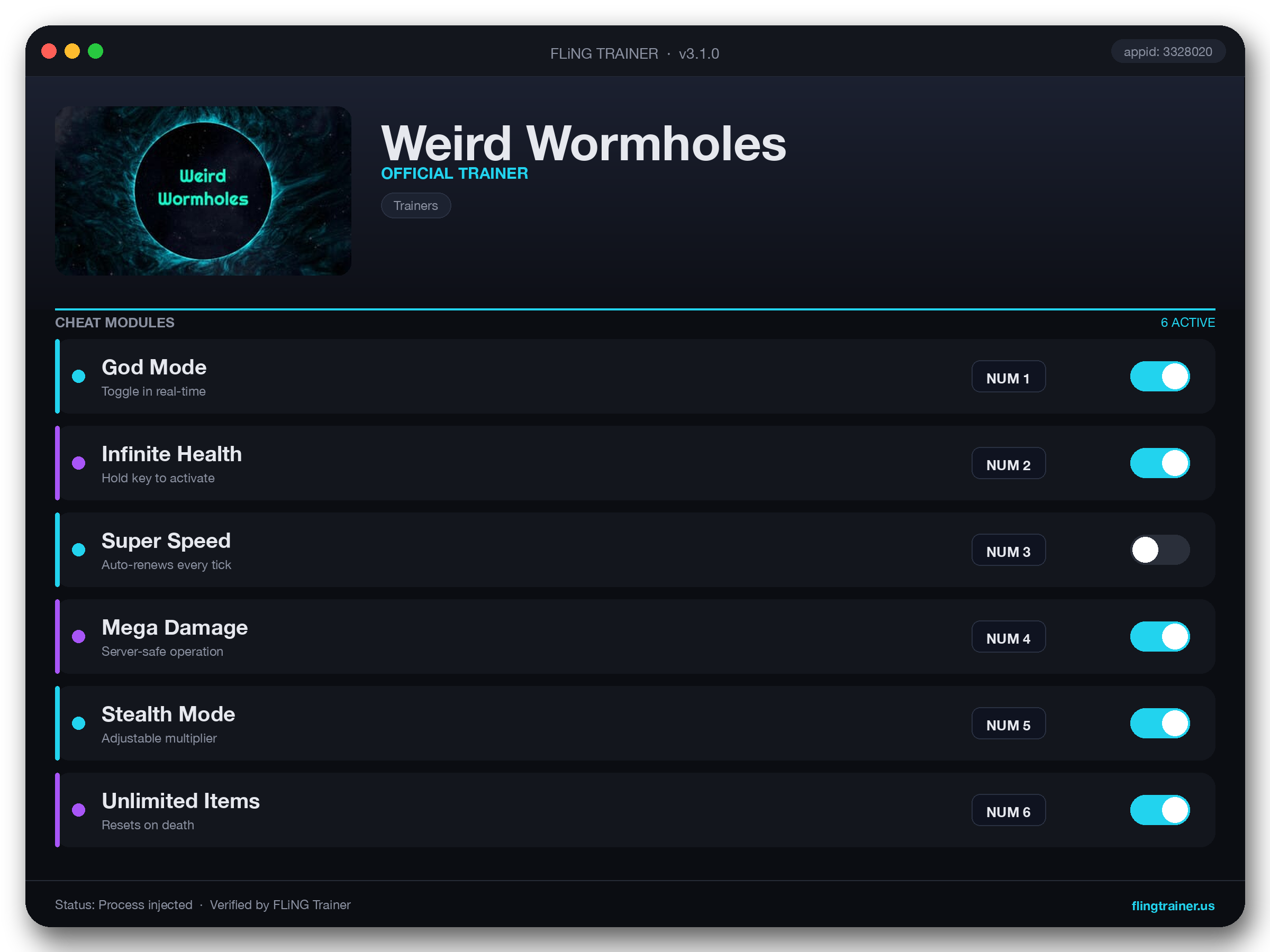 Weird Wormholes Trainer interface