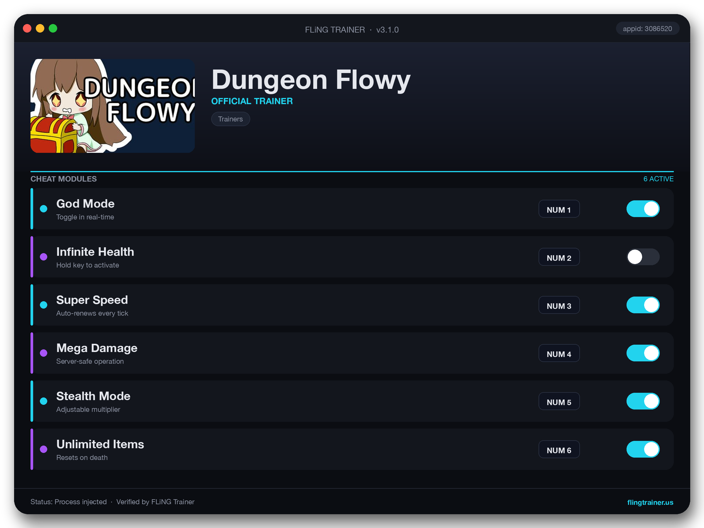 Dungeon Flowy Trainer interface