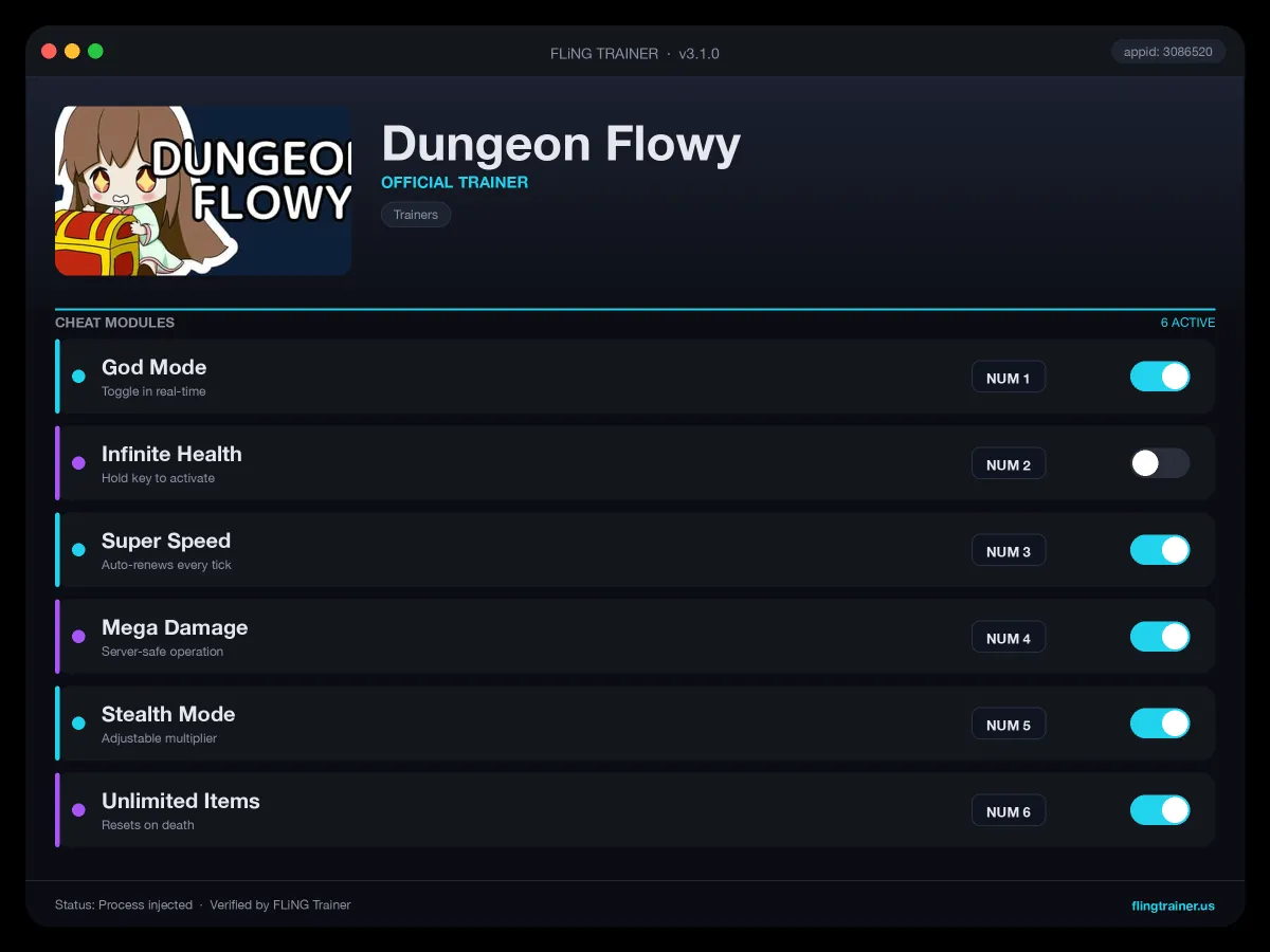 Dungeon Flowy Trainer interface