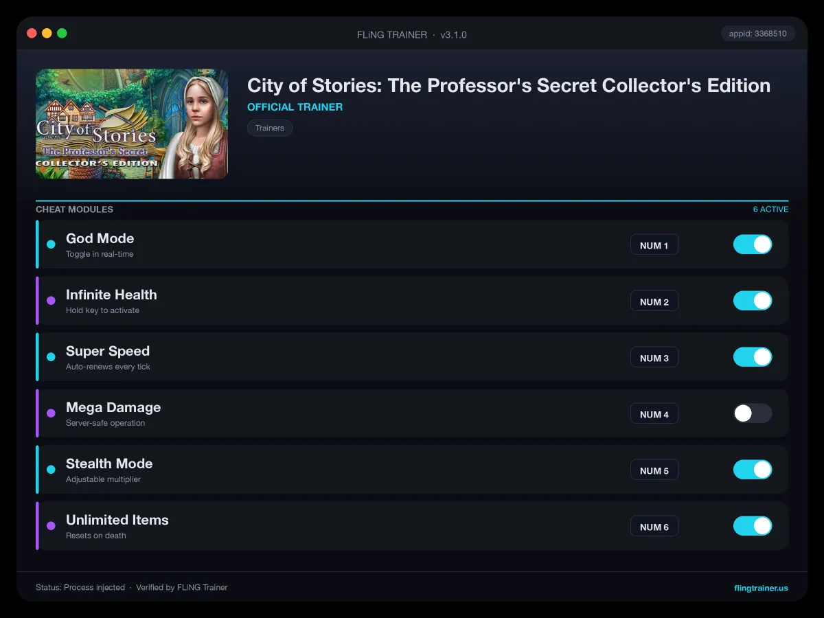 City of Stories: The Professor's Secret Collector's Edition Trainer interface