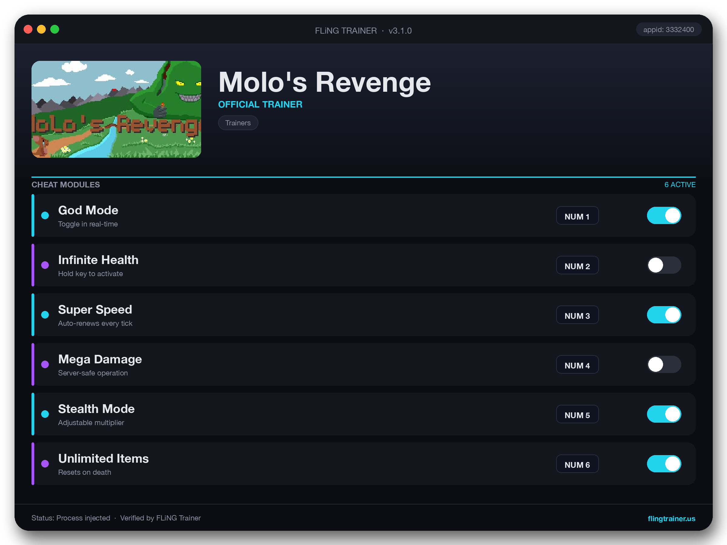 Molo's Revenge Trainer interface
