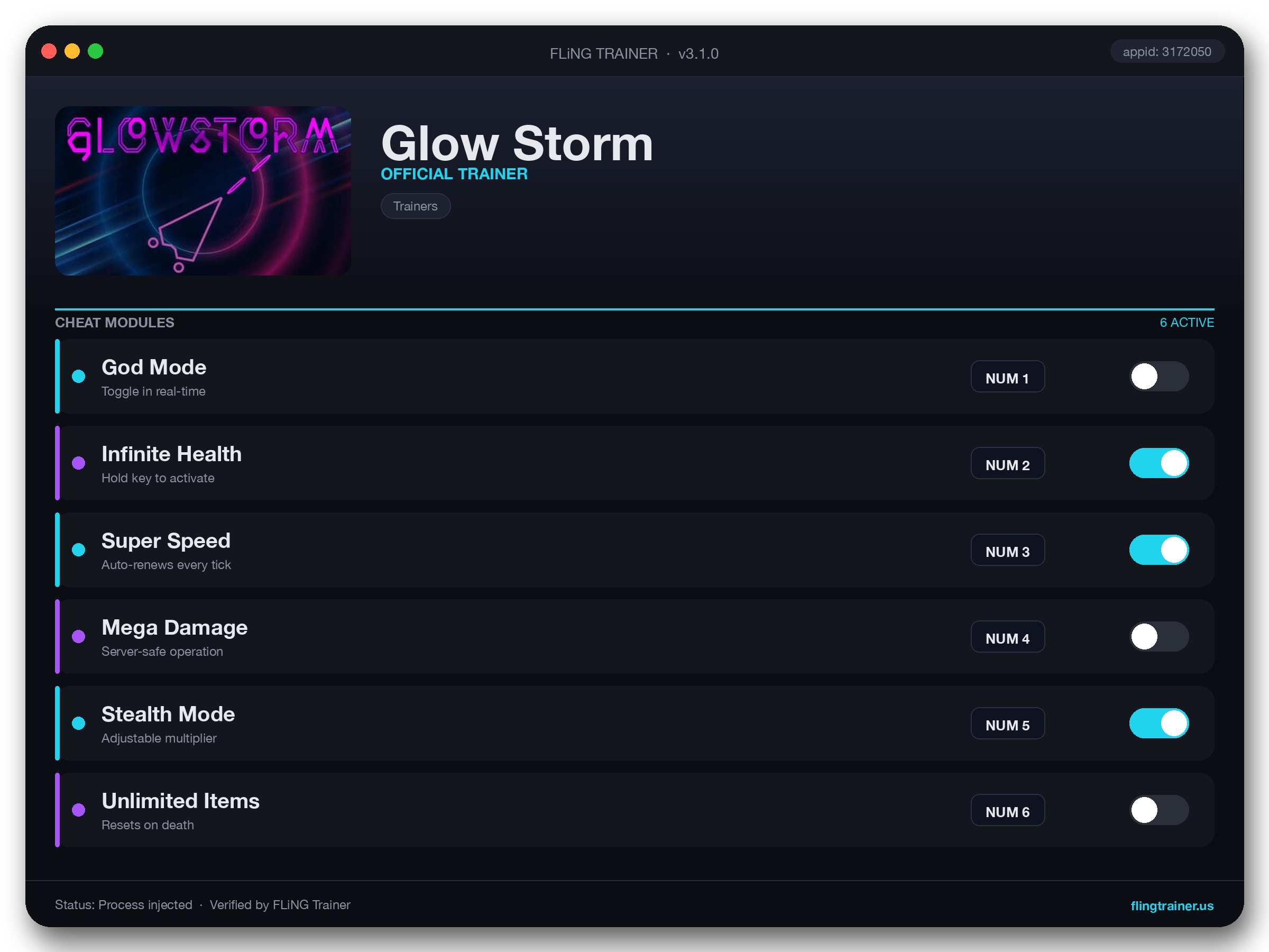 Glow Storm Trainer interface