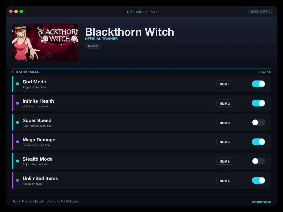 Blackthorn Witch Trainer interface
