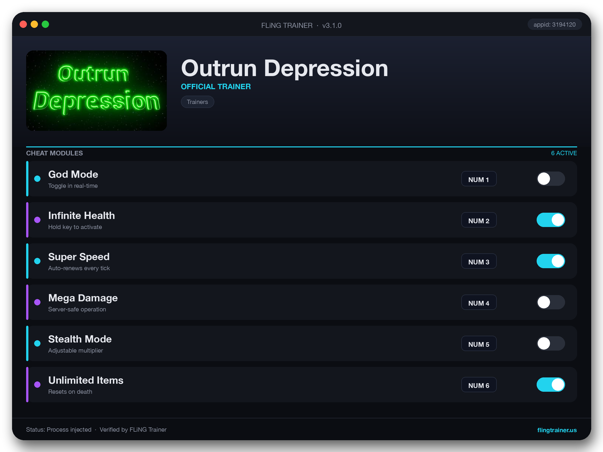 Outrun Depression Trainer interface