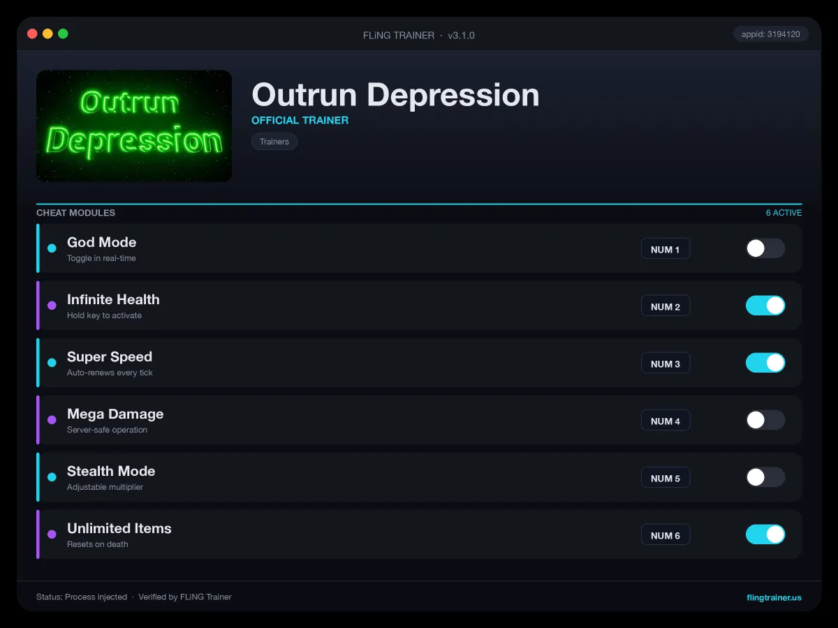 Outrun Depression Trainer interface