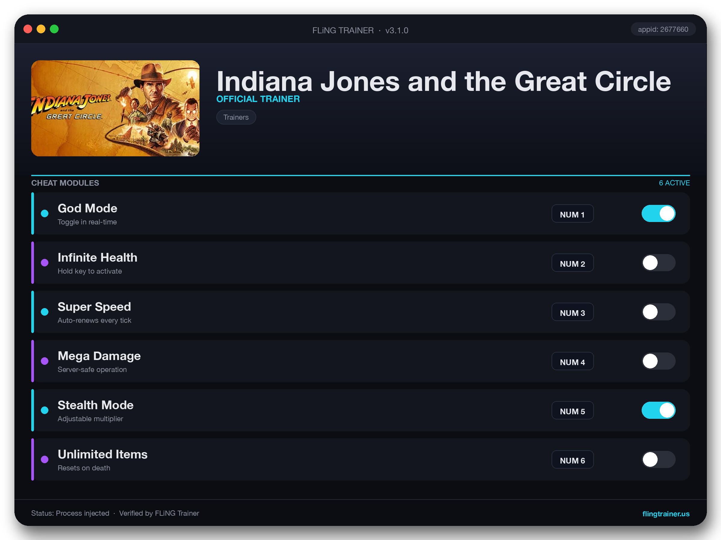 Indiana Jones and the Great Circle Trainer interface