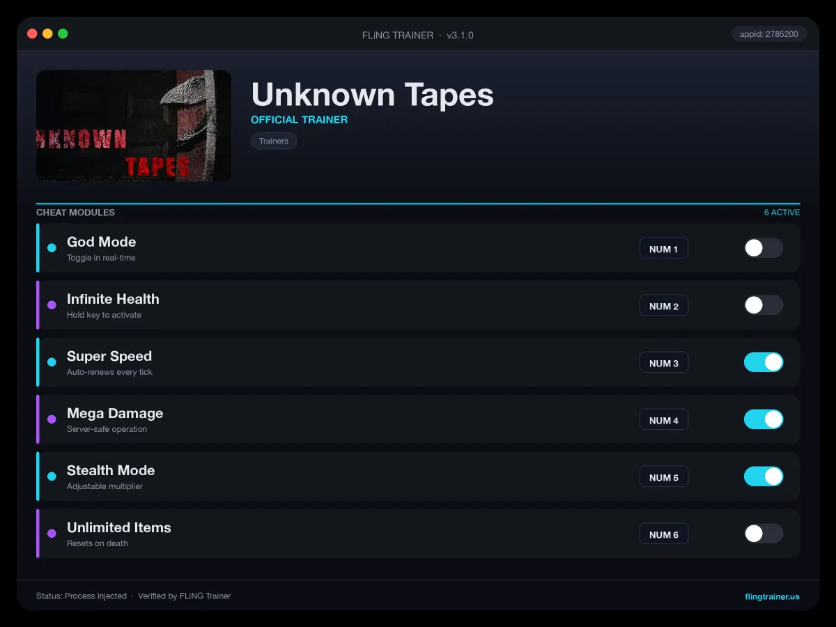 Unknown Tapes Trainer interface