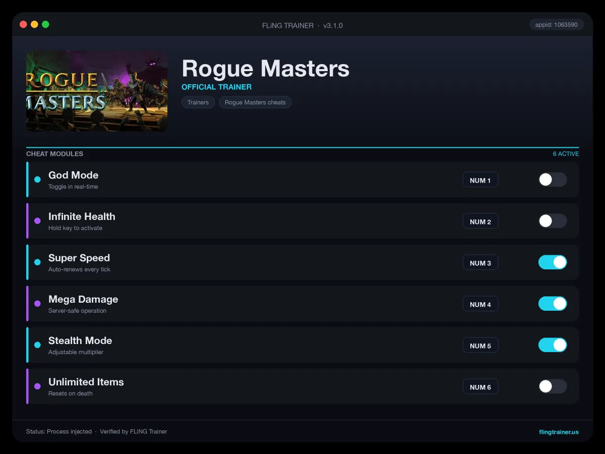 Rogue Masters Trainer interface