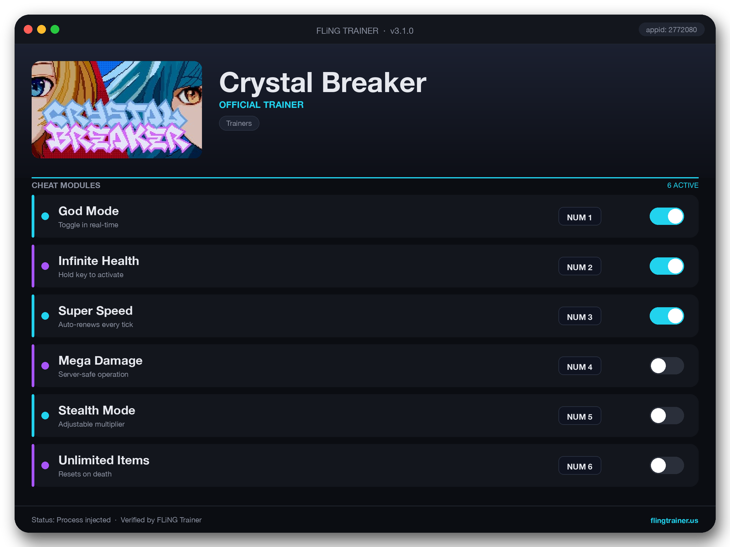 Crystal Breaker Trainer interface