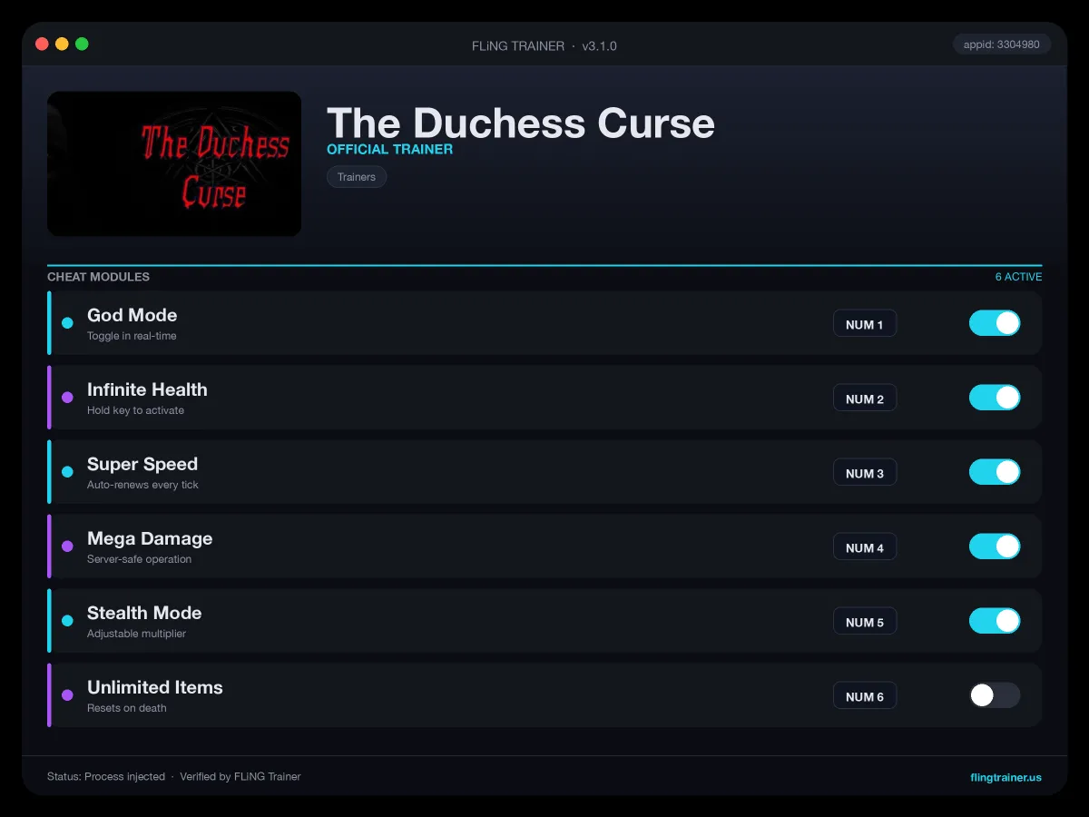 The Duchess Curse Trainer interface