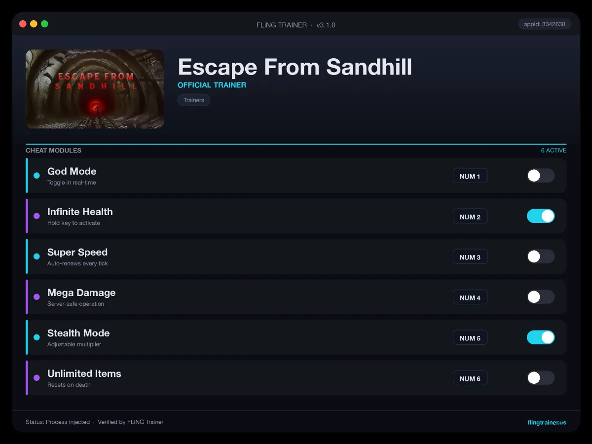 Escape From Sandhill Trainer interface