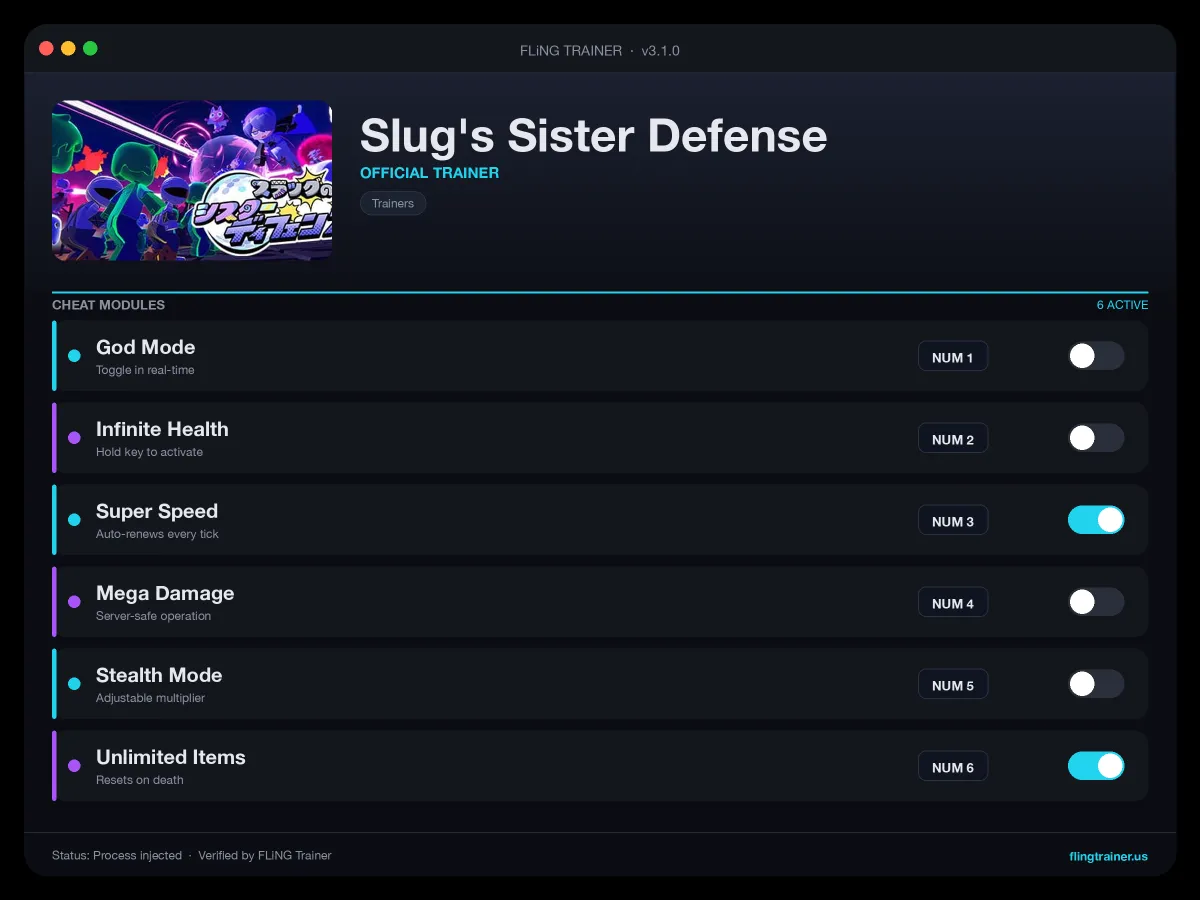 Slug's Sister Defense Trainer interface