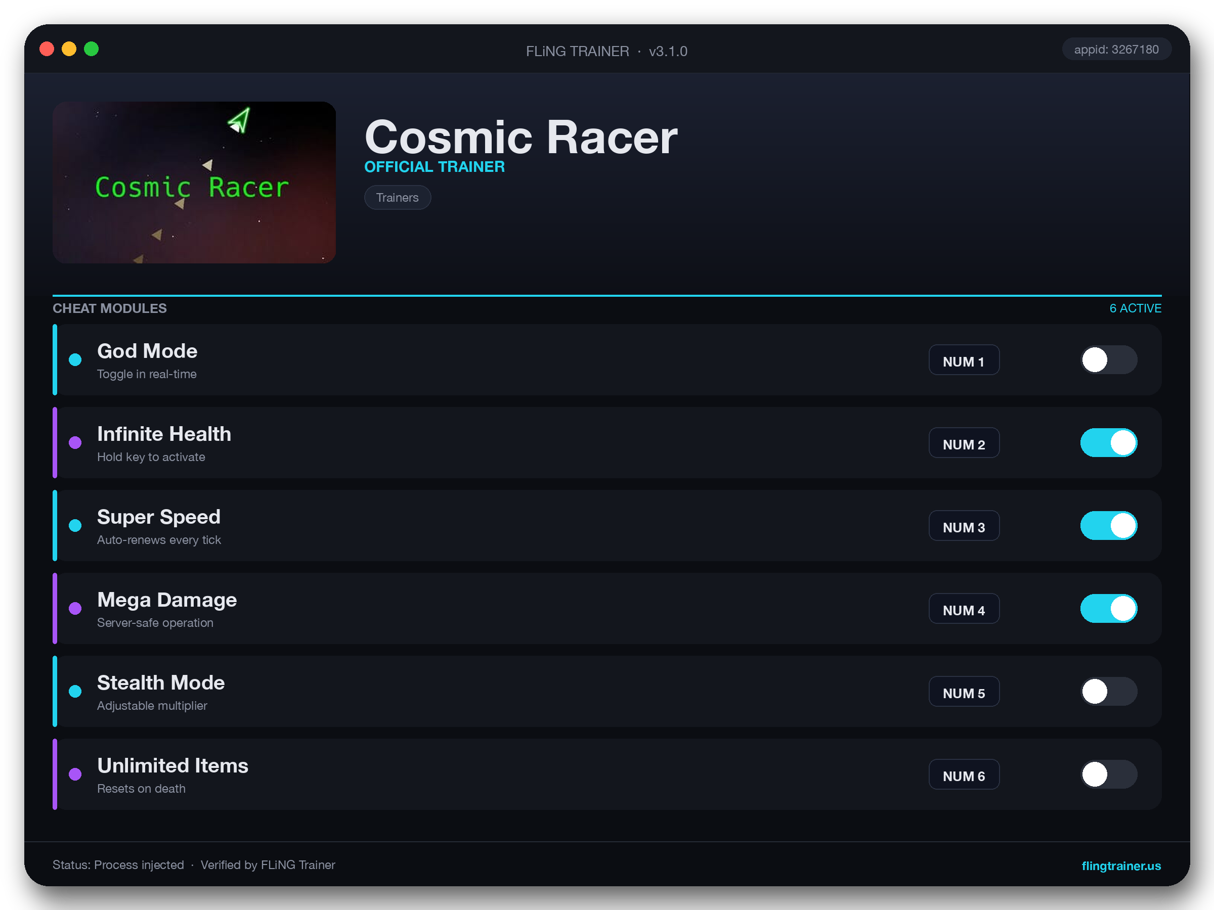 Cosmic Racer Trainer interface