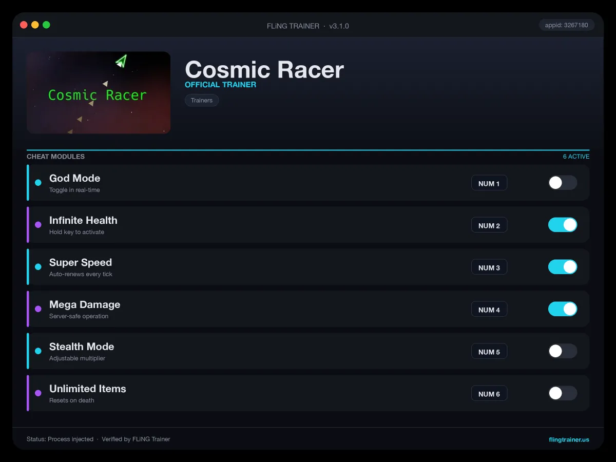 Cosmic Racer Trainer interface