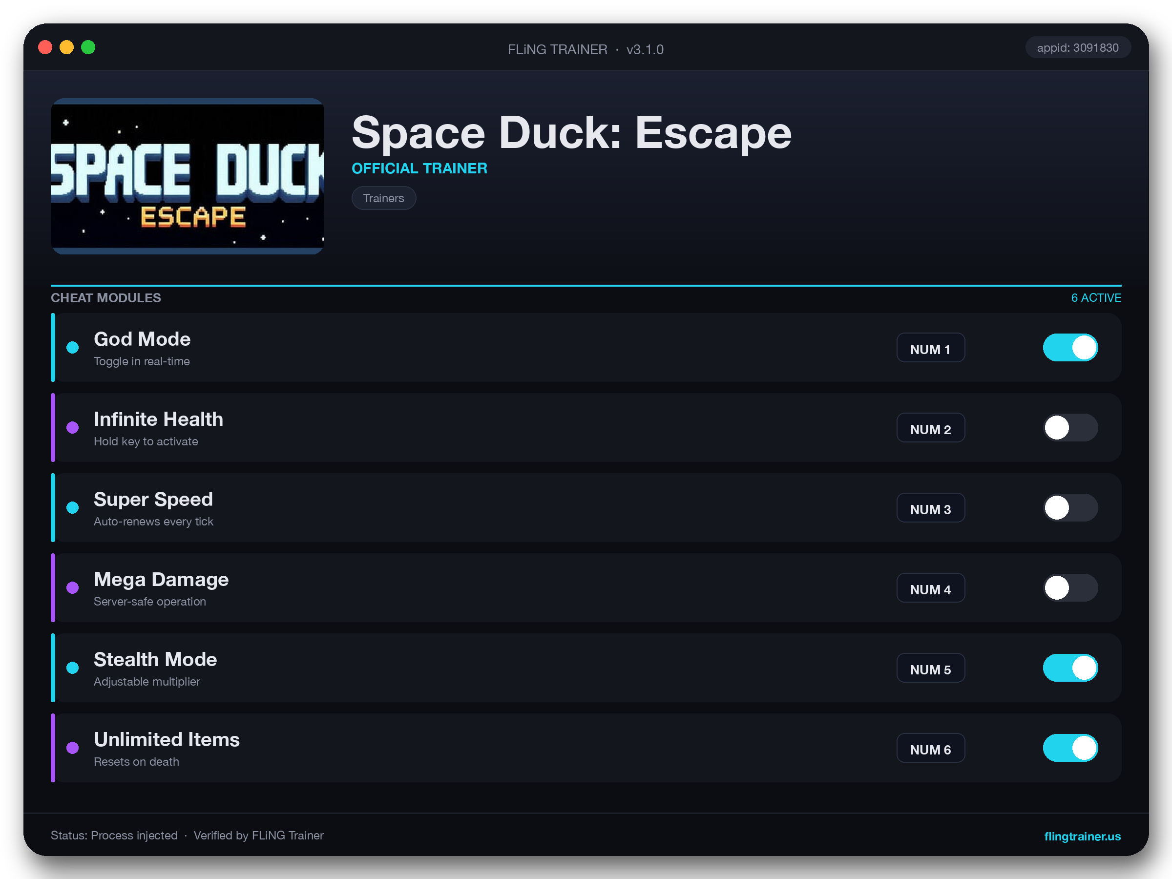 Space Duck: Escape Trainer interface