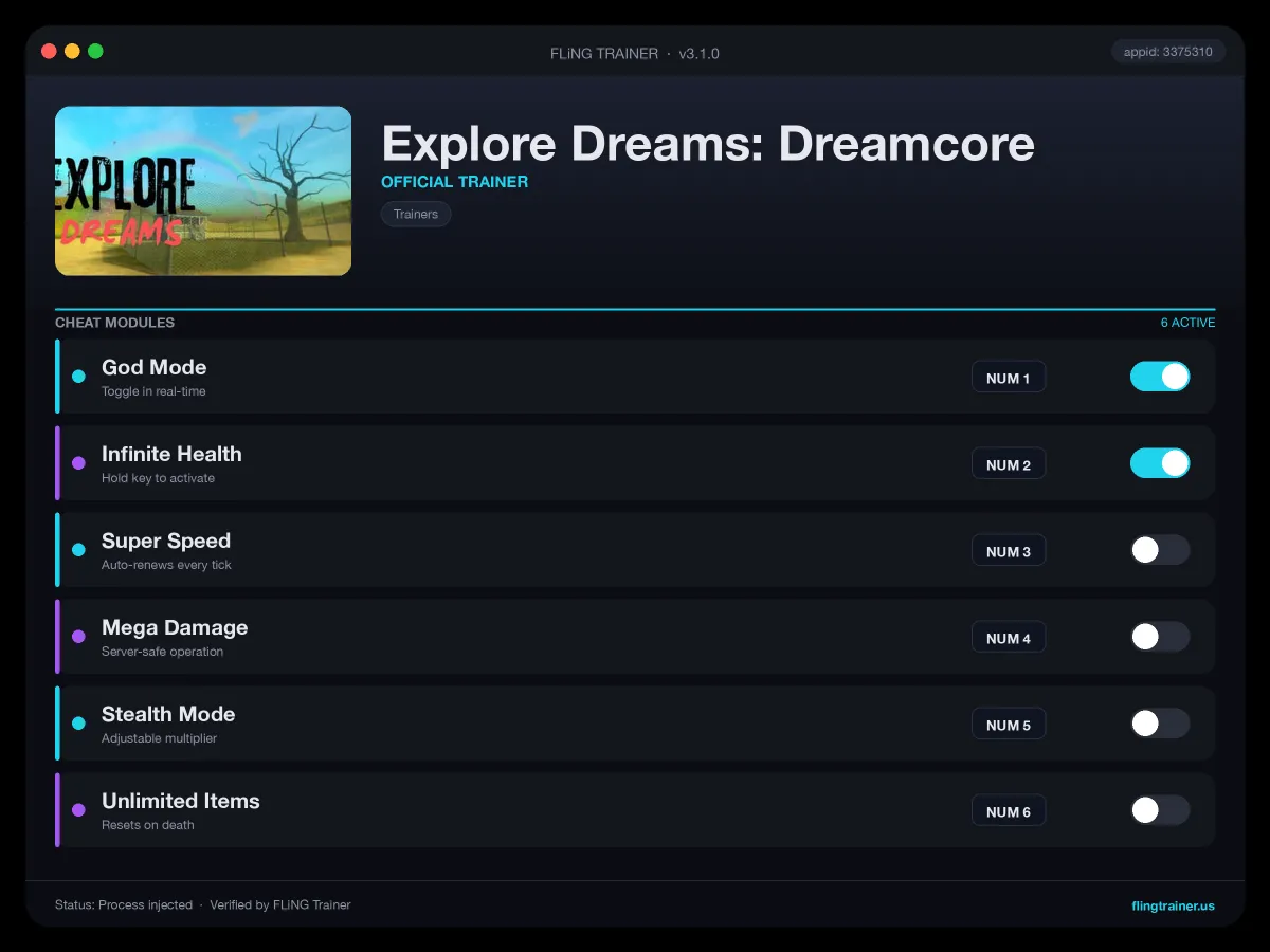 Explore Dreams: Dreamcore Trainer interface