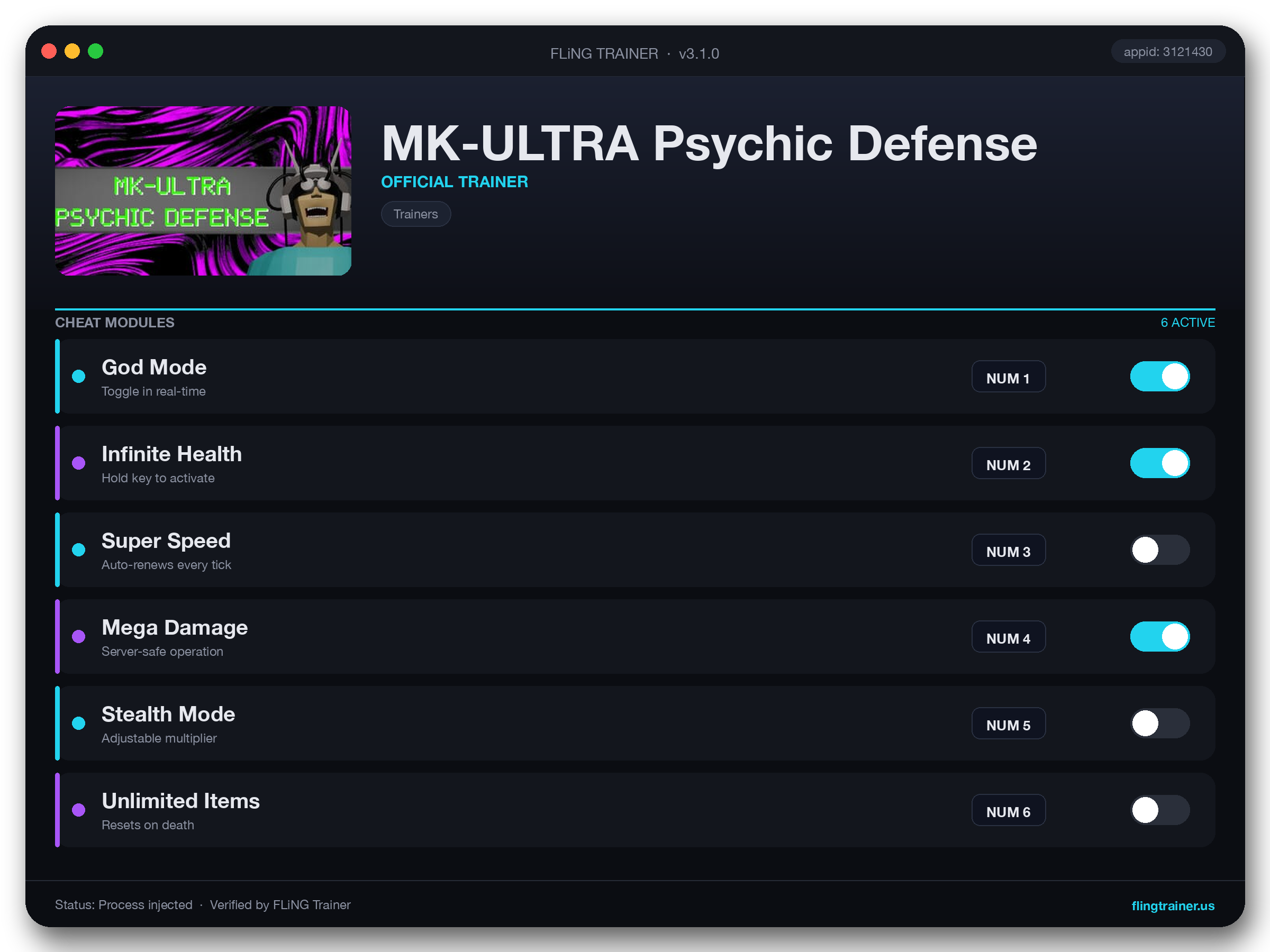MK-ULTRA Psychic Defense Trainer interface
