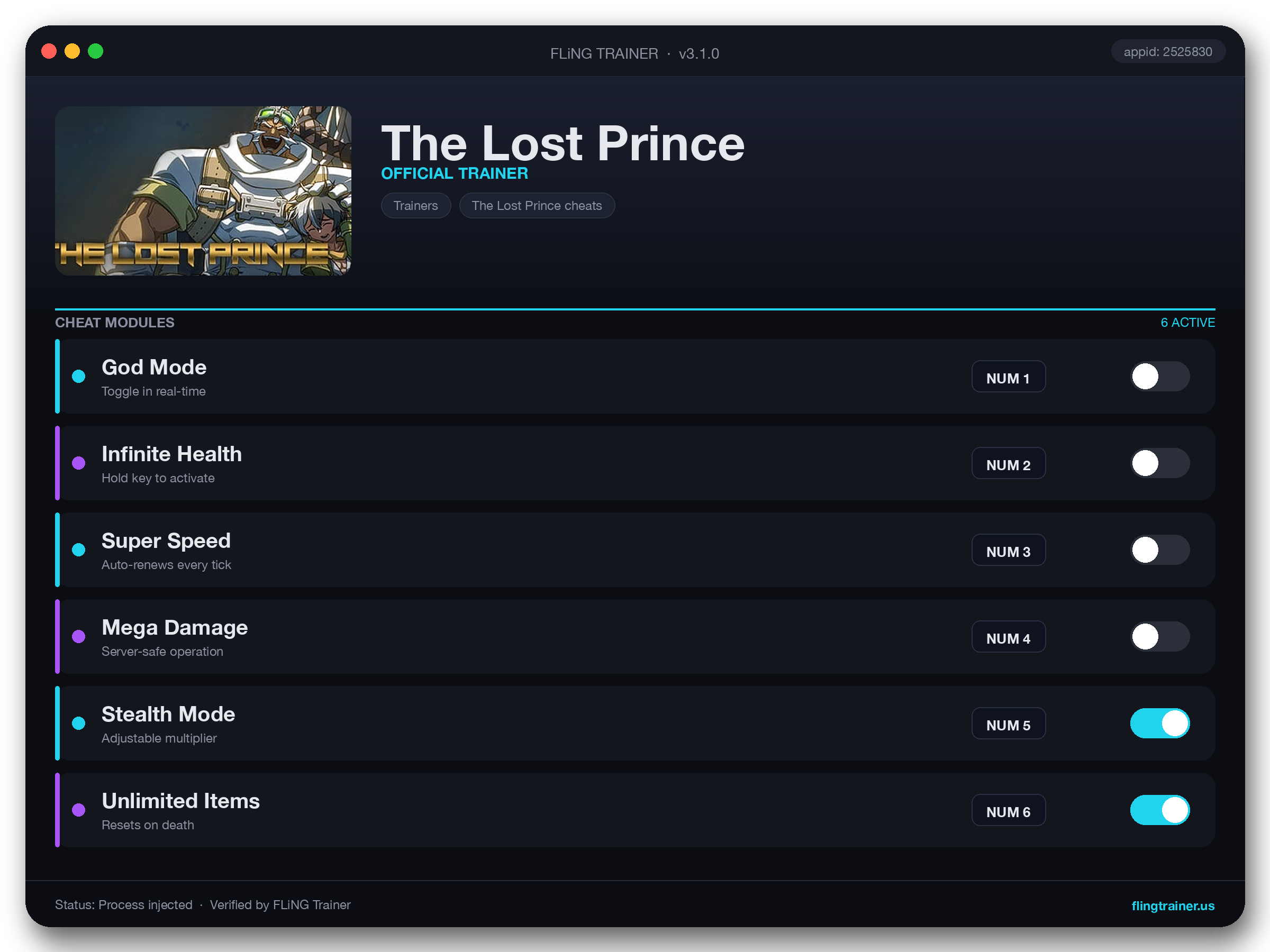The Lost Prince Trainer interface