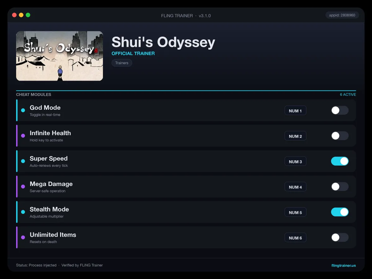 Shui's Odyssey Trainer interface