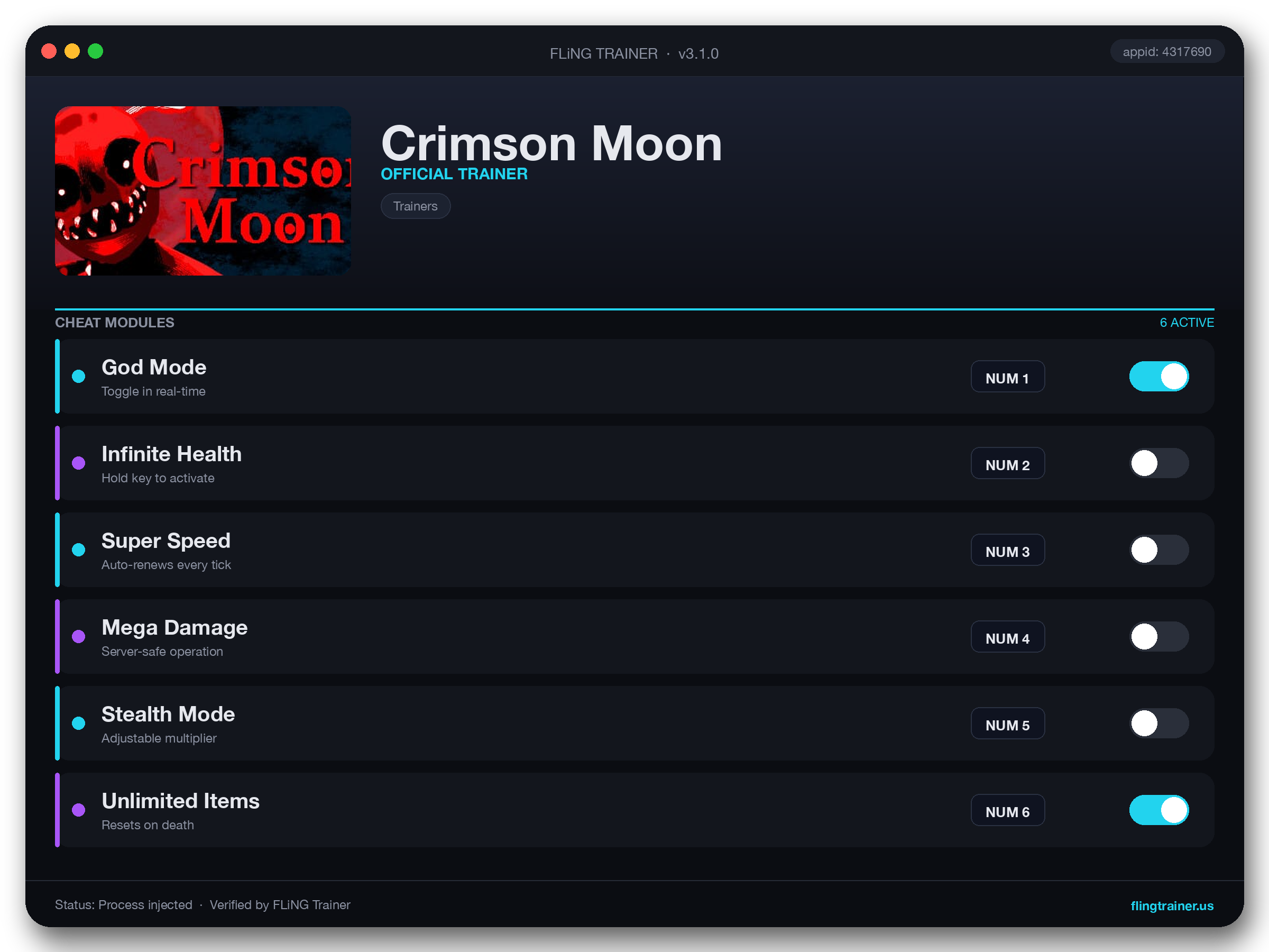 Crimson Moon Trainer interface