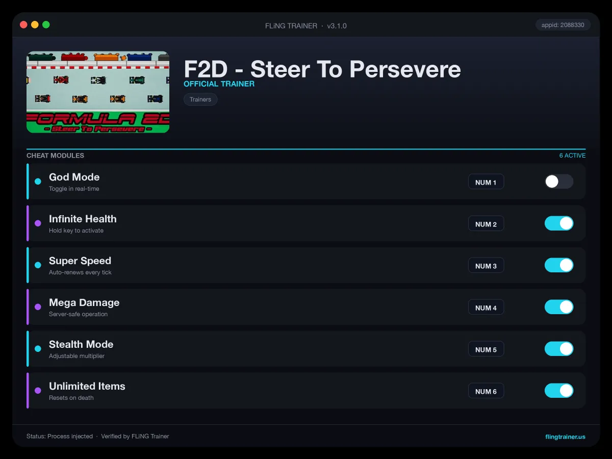 F2D - Steer To Persevere Trainer interface